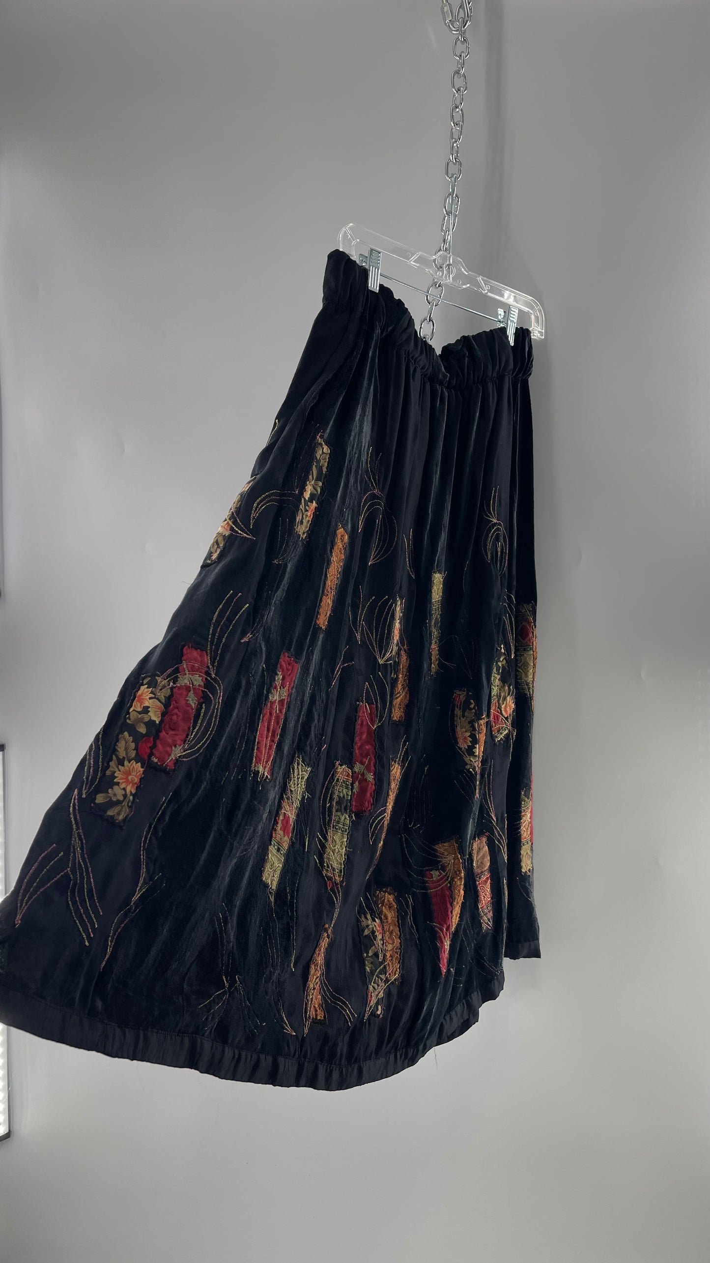 Vintage Black Velvet and Embossed Florals Patchwork Skirt with Metallic Stitch Detailing with Lining and Thick Waistline (M)