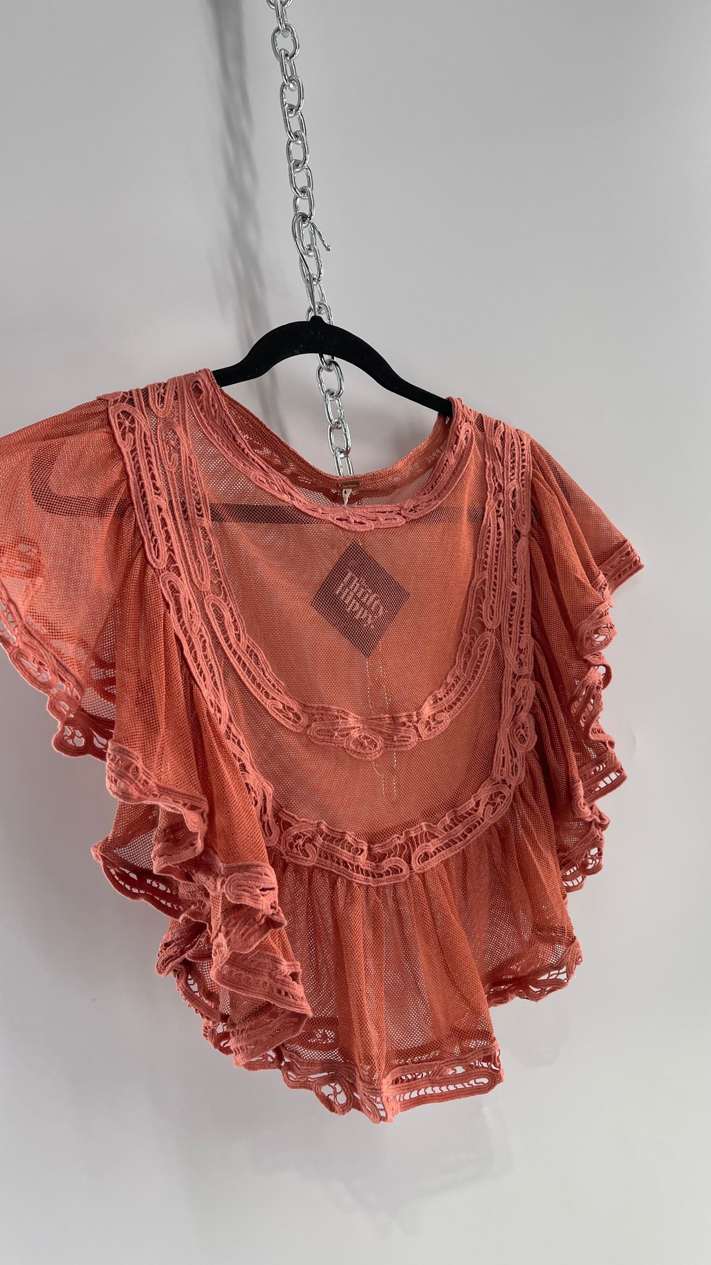 Free People I’m Pretty Okay Blush Pink Mesh Blouse with Ruffled Lace (Small)