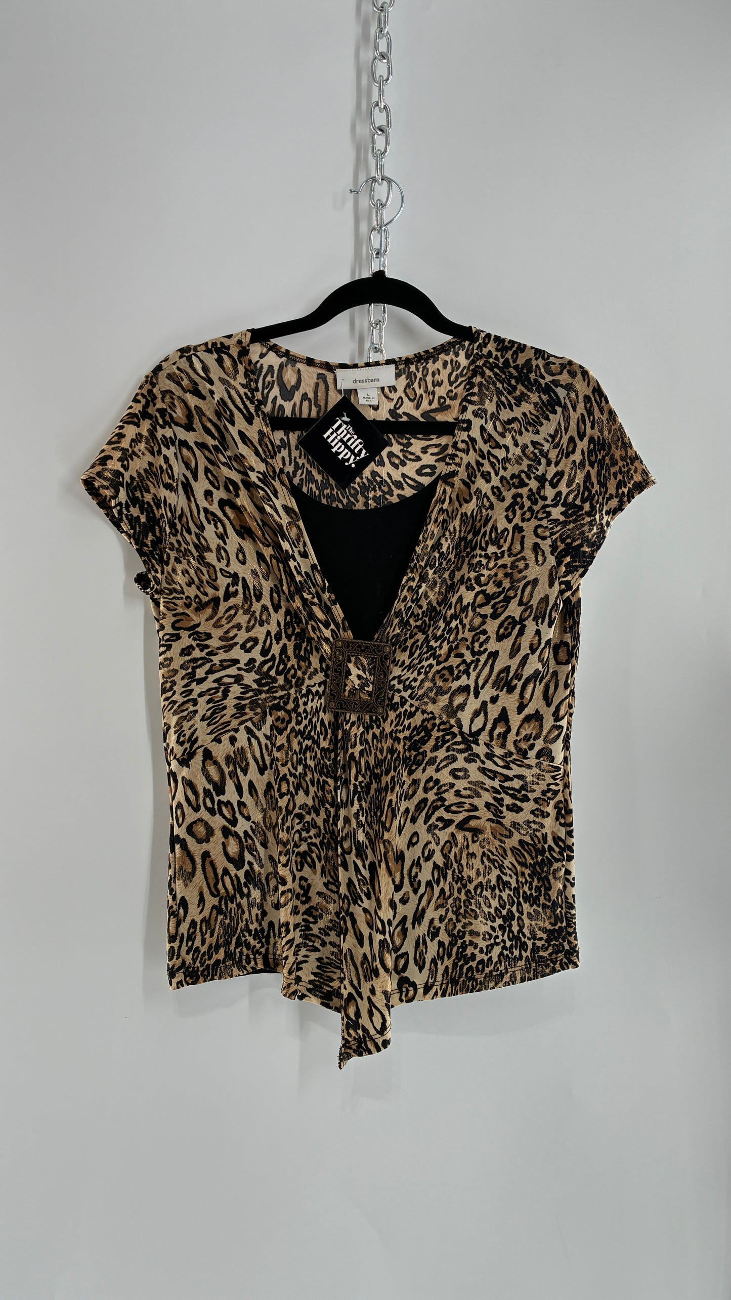 Vintage DRESS BARN Cheetah Patterned Metallic Sheen Belted Blouse with Buckle Detail (Large)