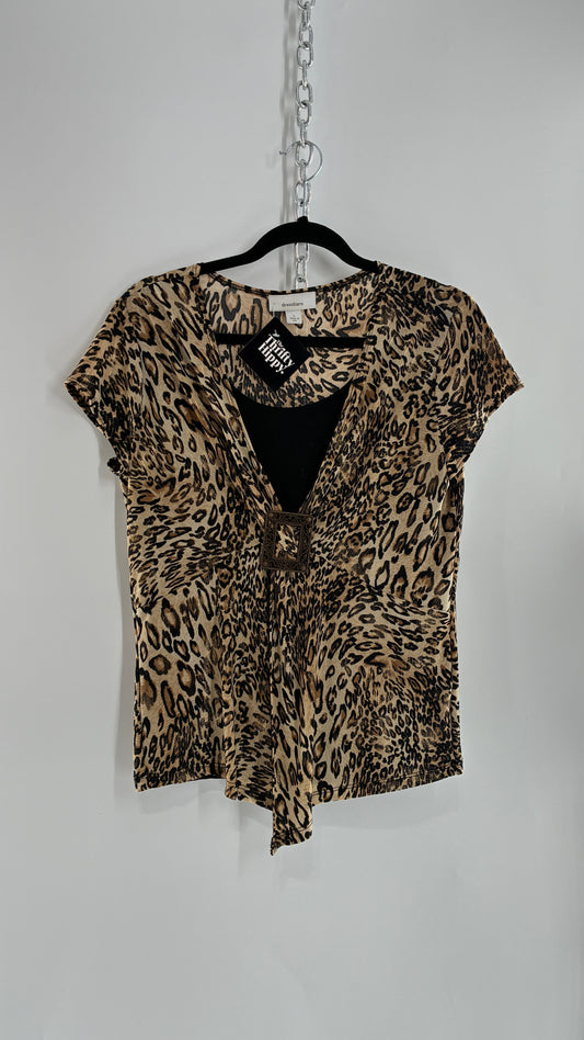 Vintage DRESS BARN Cheetah Patterned Metallic Sheen Belted Blouse with Buckle Detail (Large)
