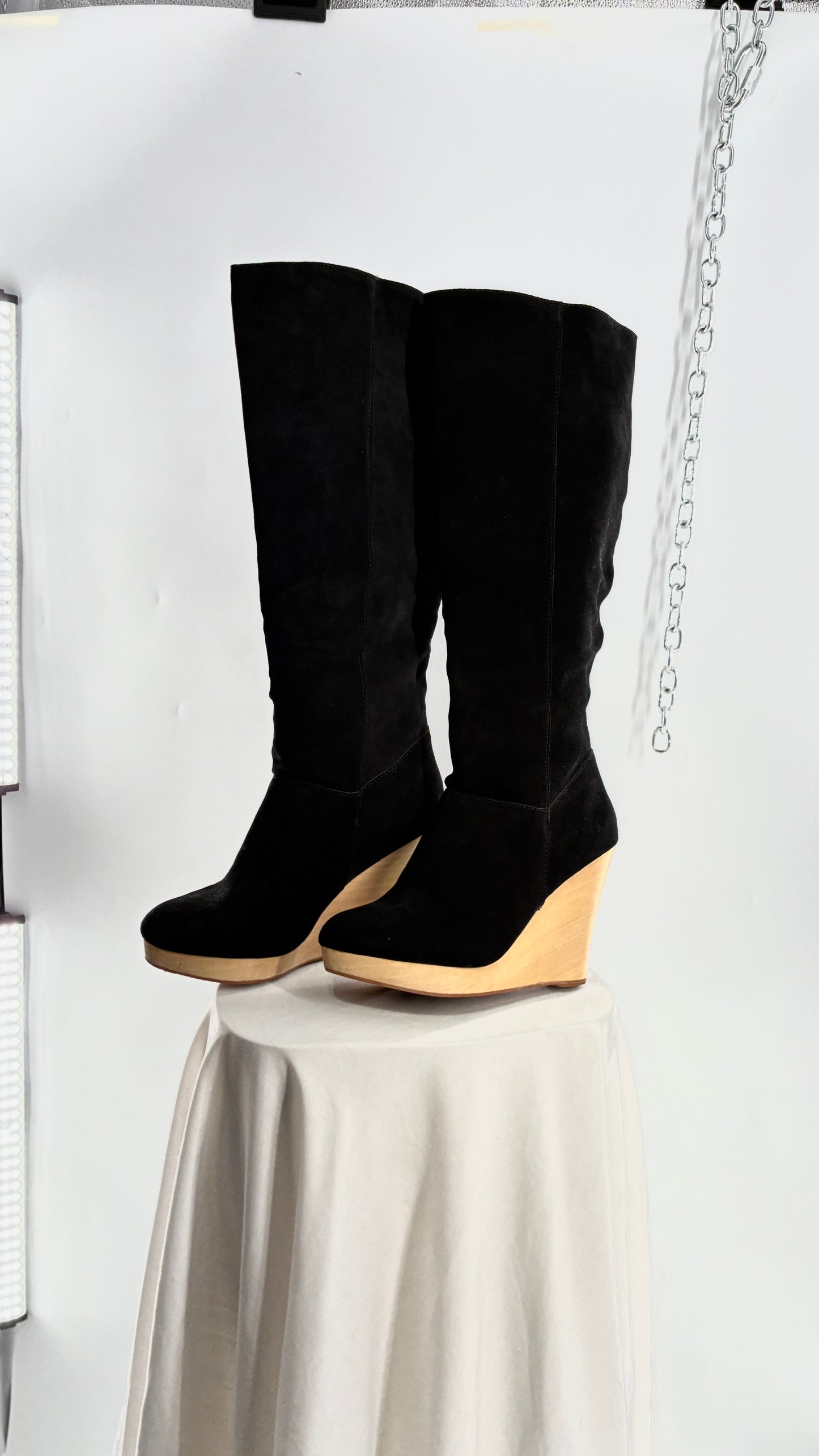 Vintage Black Genuine Suede Leather Knee High Boots with Skinny Wooden Wedge Heel (9)