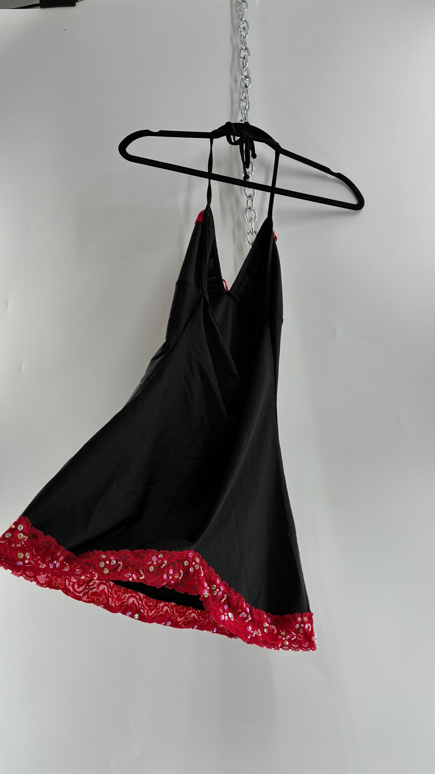 Vintage PROMISCUOUS Black Camisole Slip with Red Ruffled Sequin Lace and Scalloped Bum  (XL)