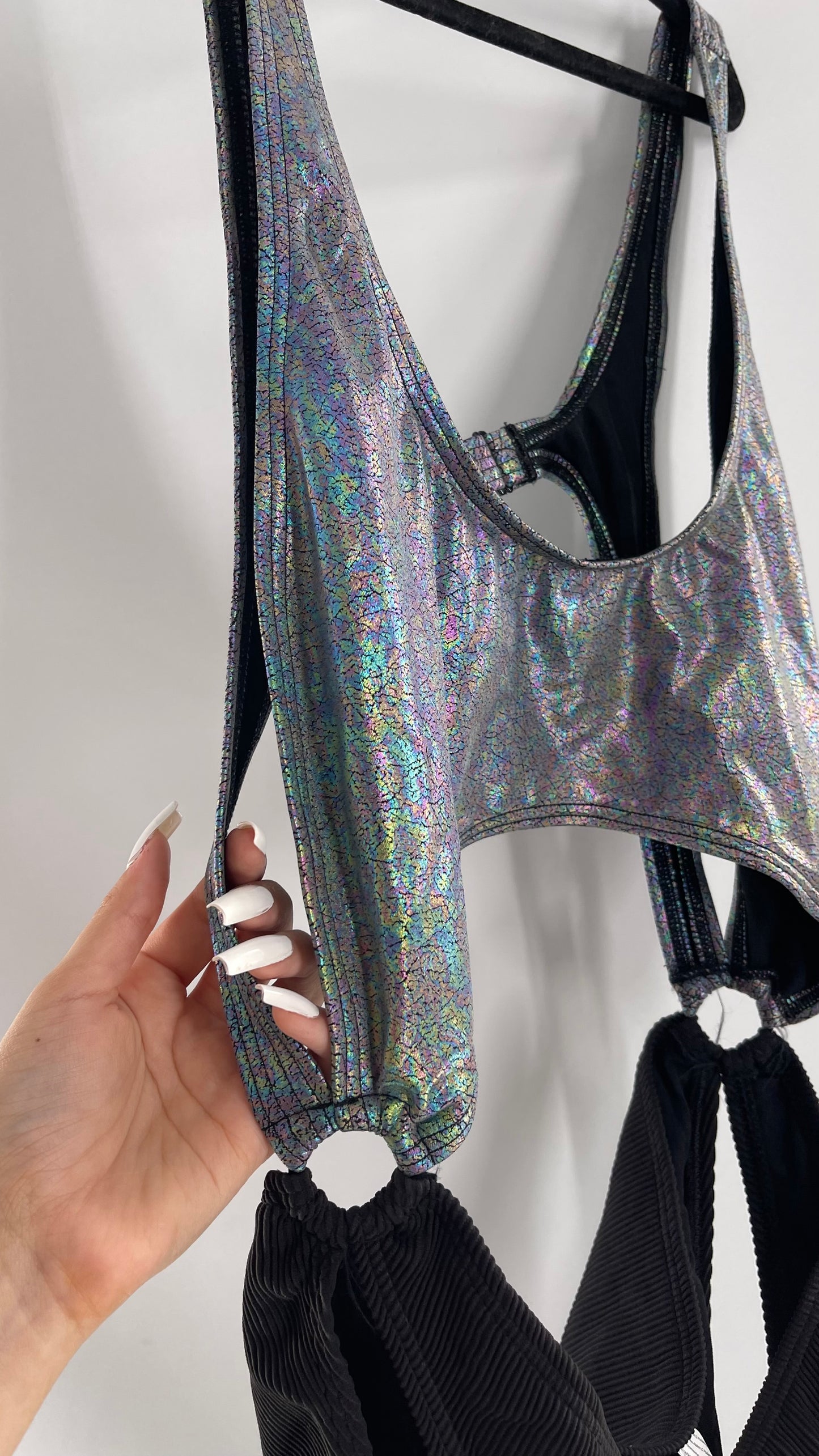 Urban Outfitters Out From Under Bathing Suit Metallic Gas Spill Top and Ribbed Black Bottom Connected by Rings (Large)