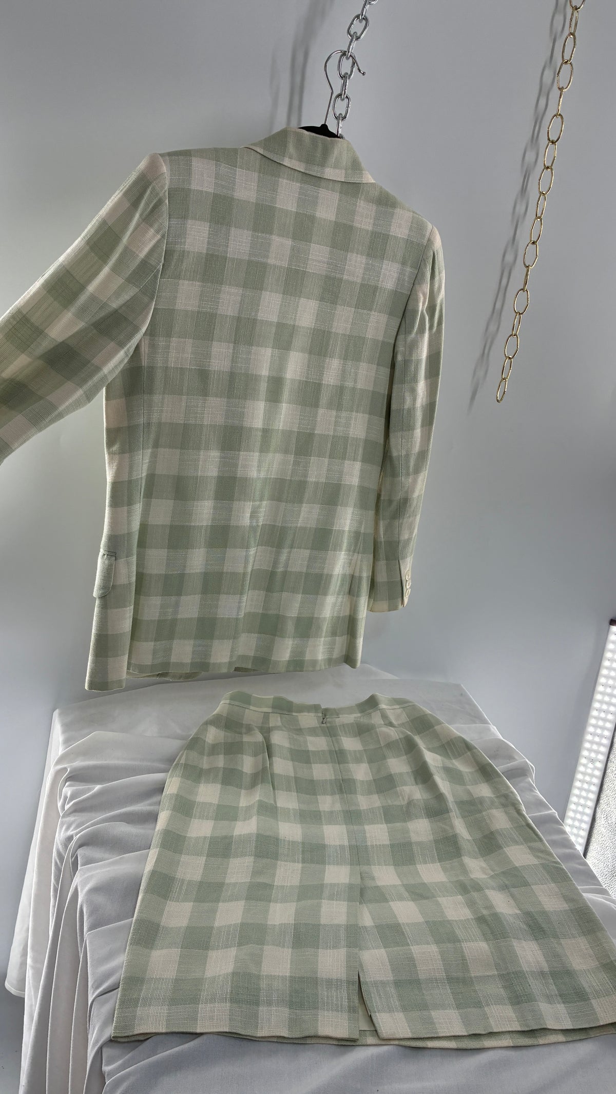 Vintage JH COLLECTIBLES 100% Rayon, Sage Gingham Suit Set (6 Skirt, 4 Blazer)