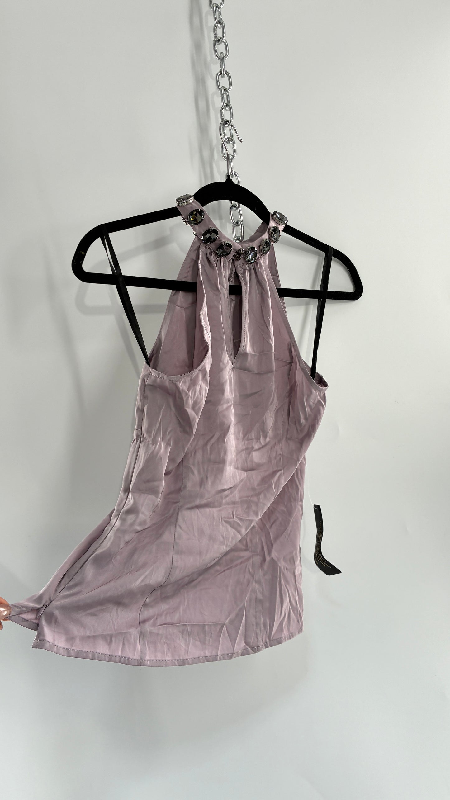 Deadstock Vintage BEBE Silky Dusty Purple Halter with Oversized Rhinestone Choker (XS)