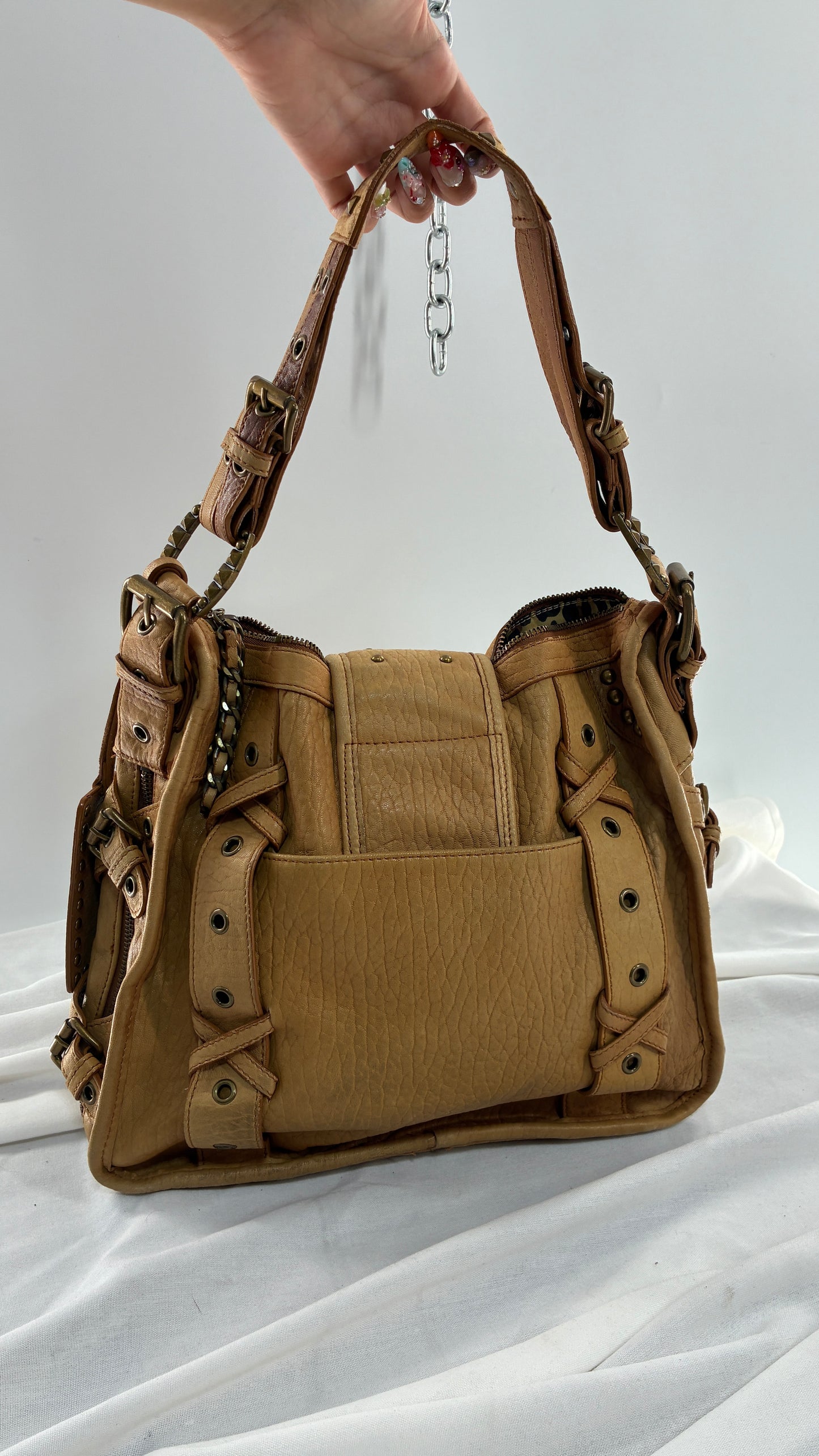 Rare Vintage BETSEY JOHNSON Heavy Leather, Oversized Shoulder Bag with Leopard Lining