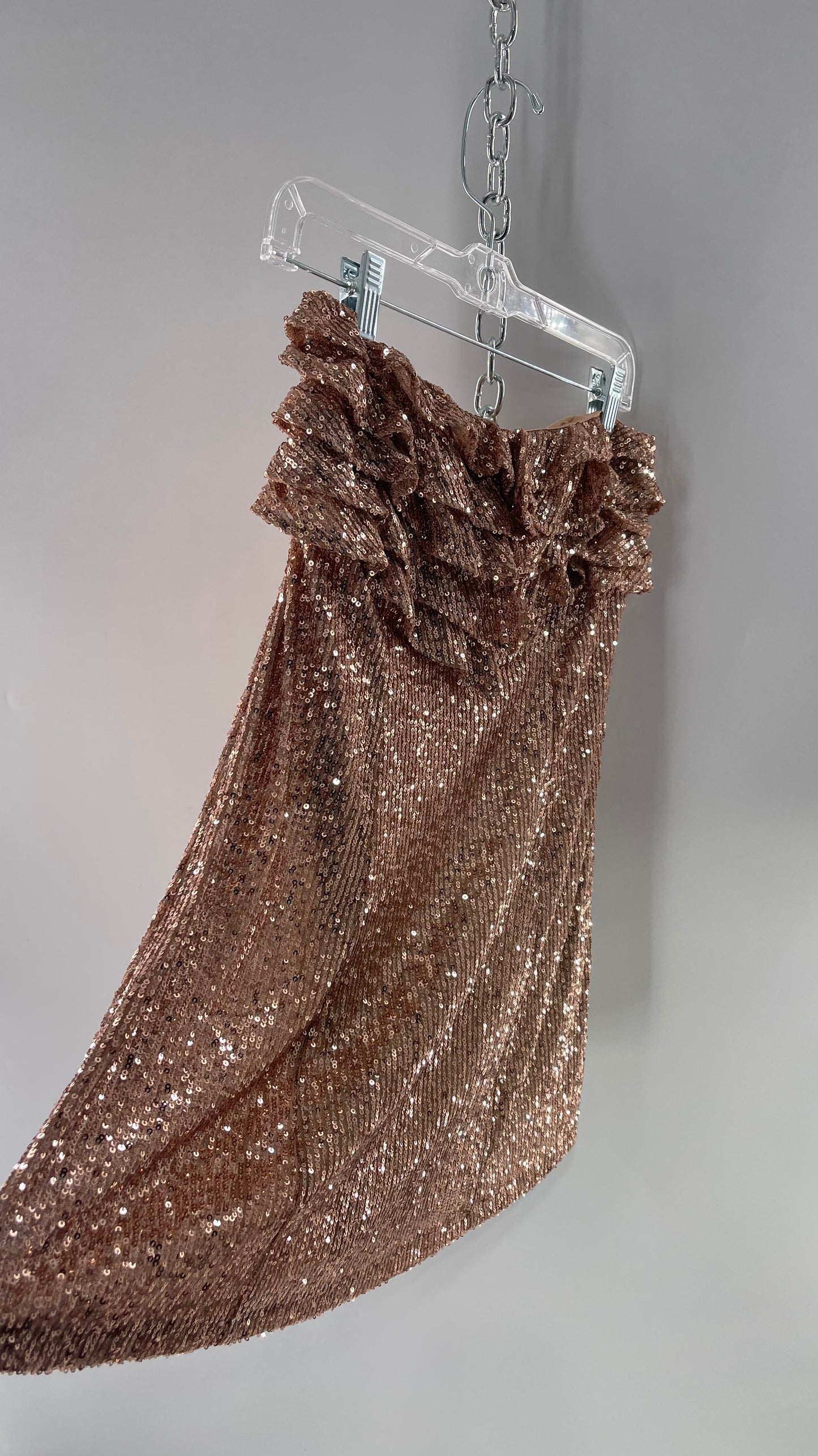 Free People Rose Gold Sequin Mini Dress with Ruffled Bust and Statement Back Zipper (4)