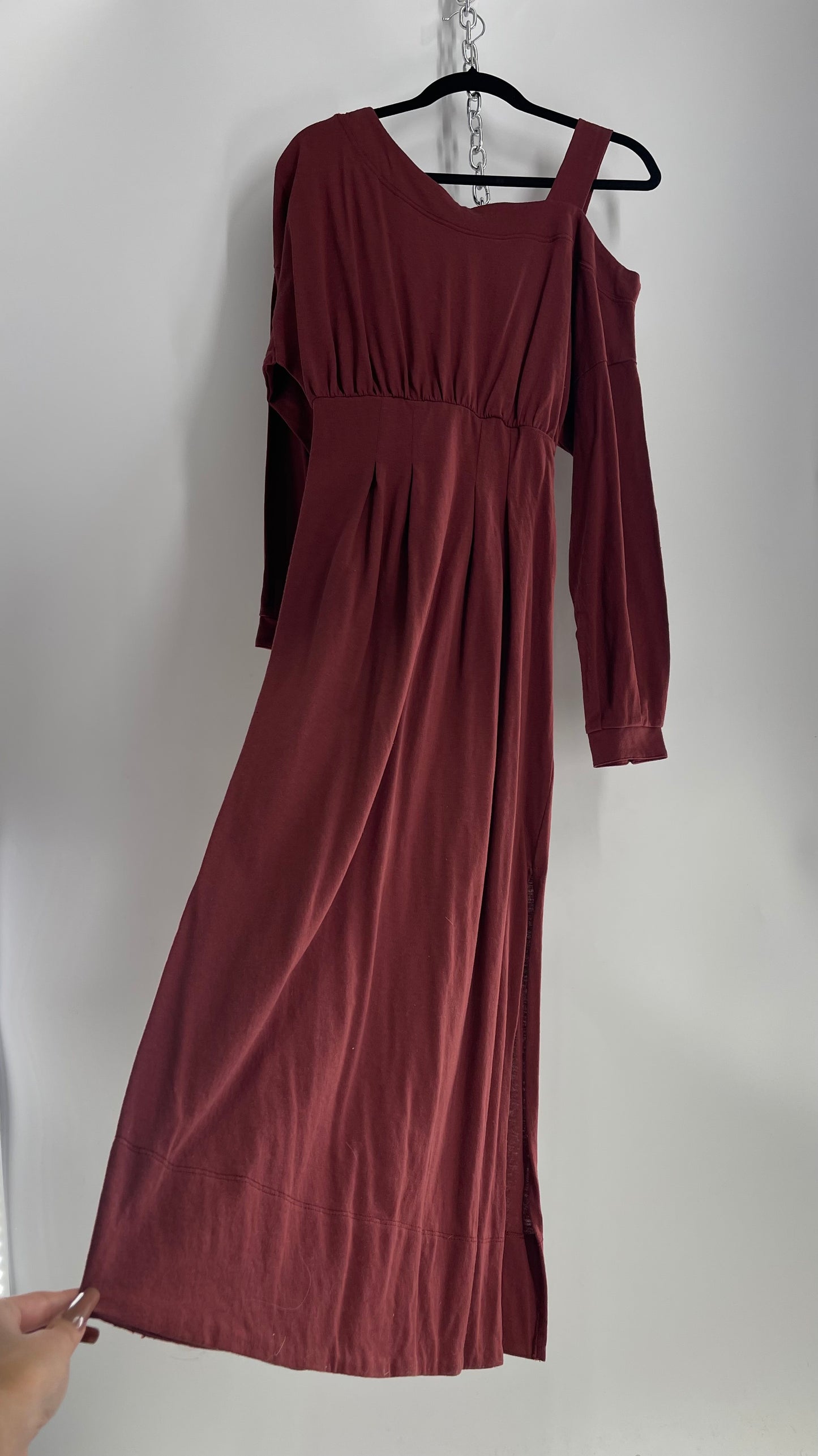 Free People Maroon Bubble Sleeve, Side Button, Off Shoulder Dress (Small)