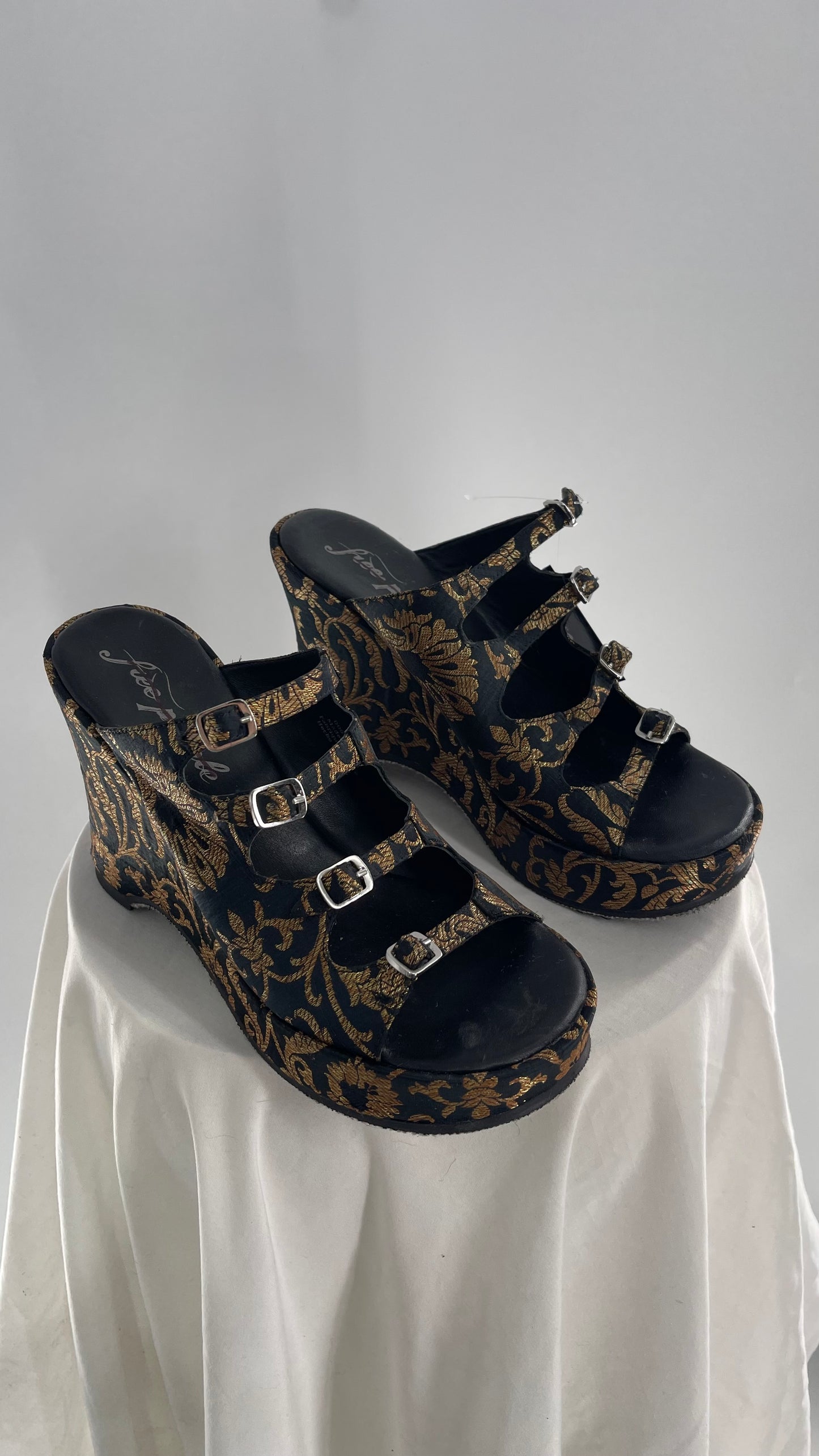 Free People Black Hoffman Buckle Front Wedge Heels with Satin Gold Paisley/Brocade Pattern (37)