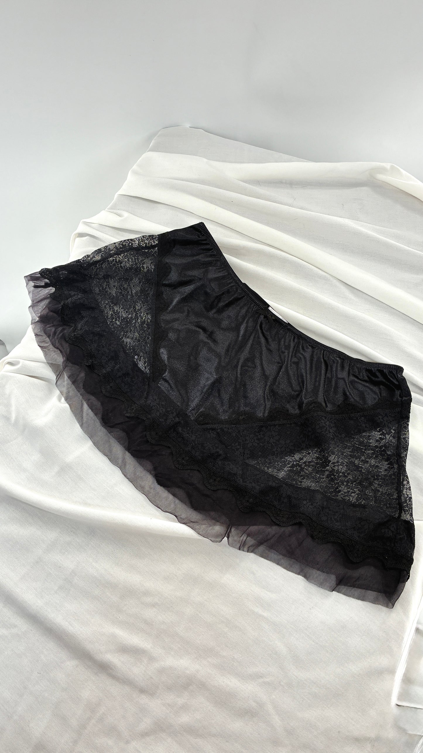 Vintage AMOUREUSE Black Satin Mini Skirt with Lace Hip Panels  (1X)