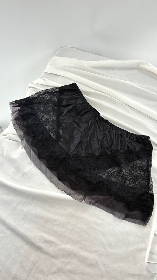 Vintage AMOUREUSE Black Satin Mini Skirt with Lace Hip Panels  (1X)