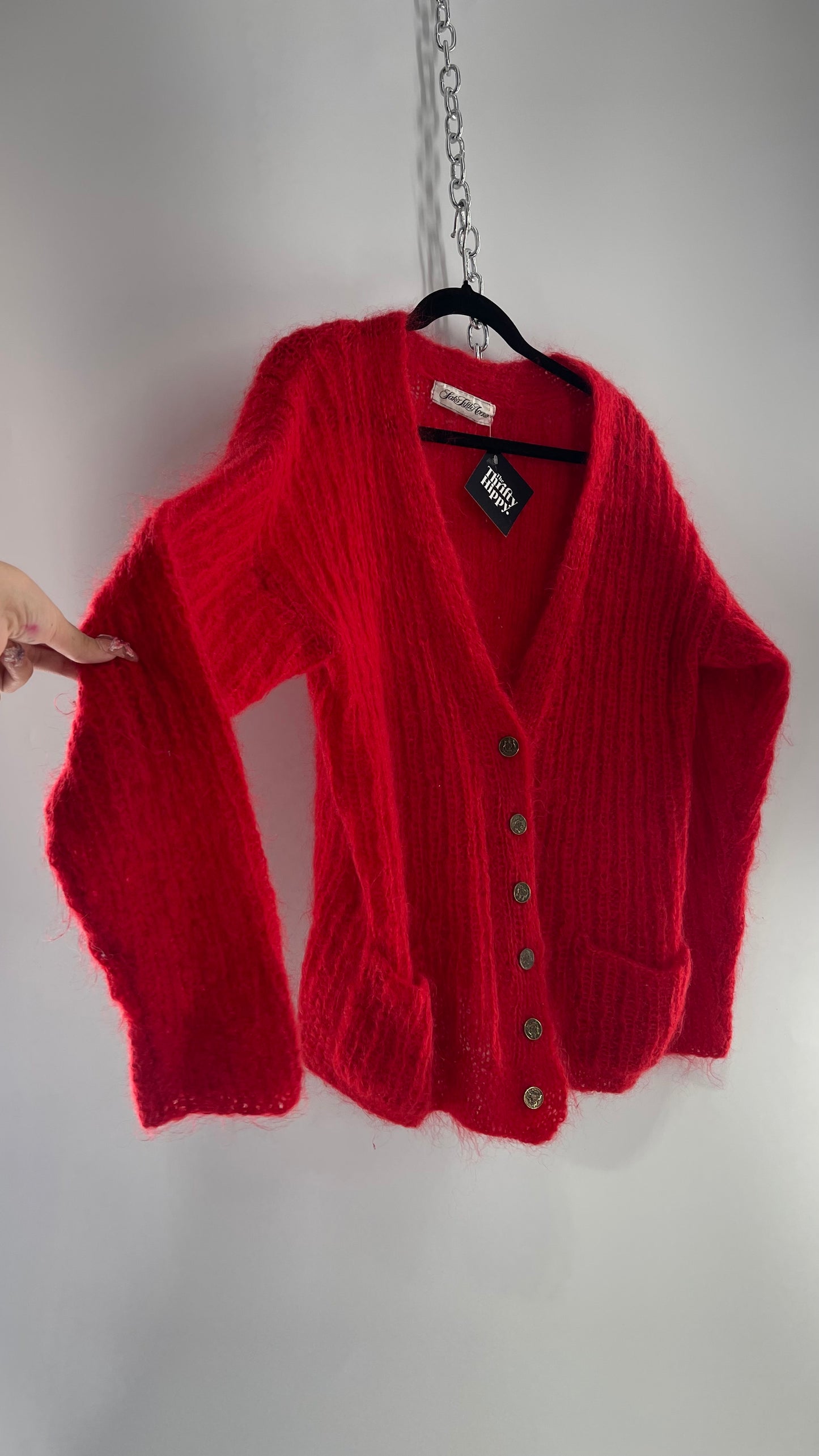 Saks Fifth Avenue Red Wool Knit Sweater with Embossed Bronze Buttons (M/L)