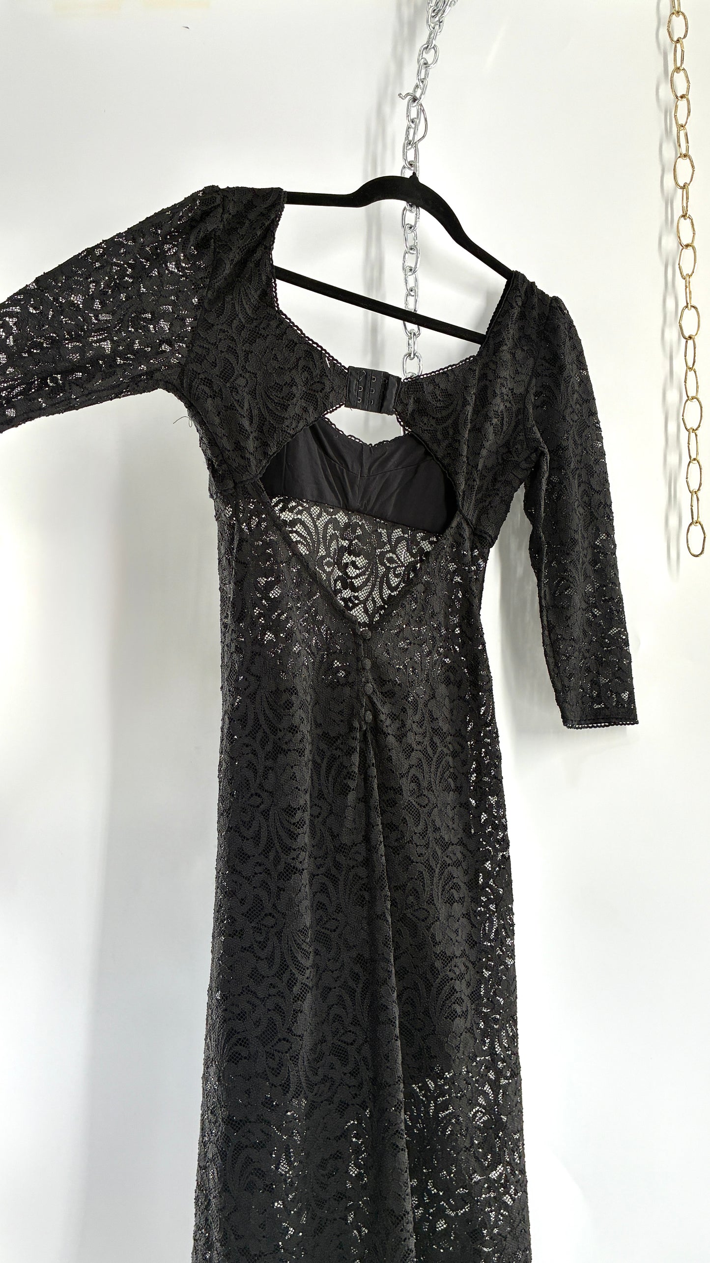 Free People Adored Black Lace Open Back Maxi with Button Bag (Small)