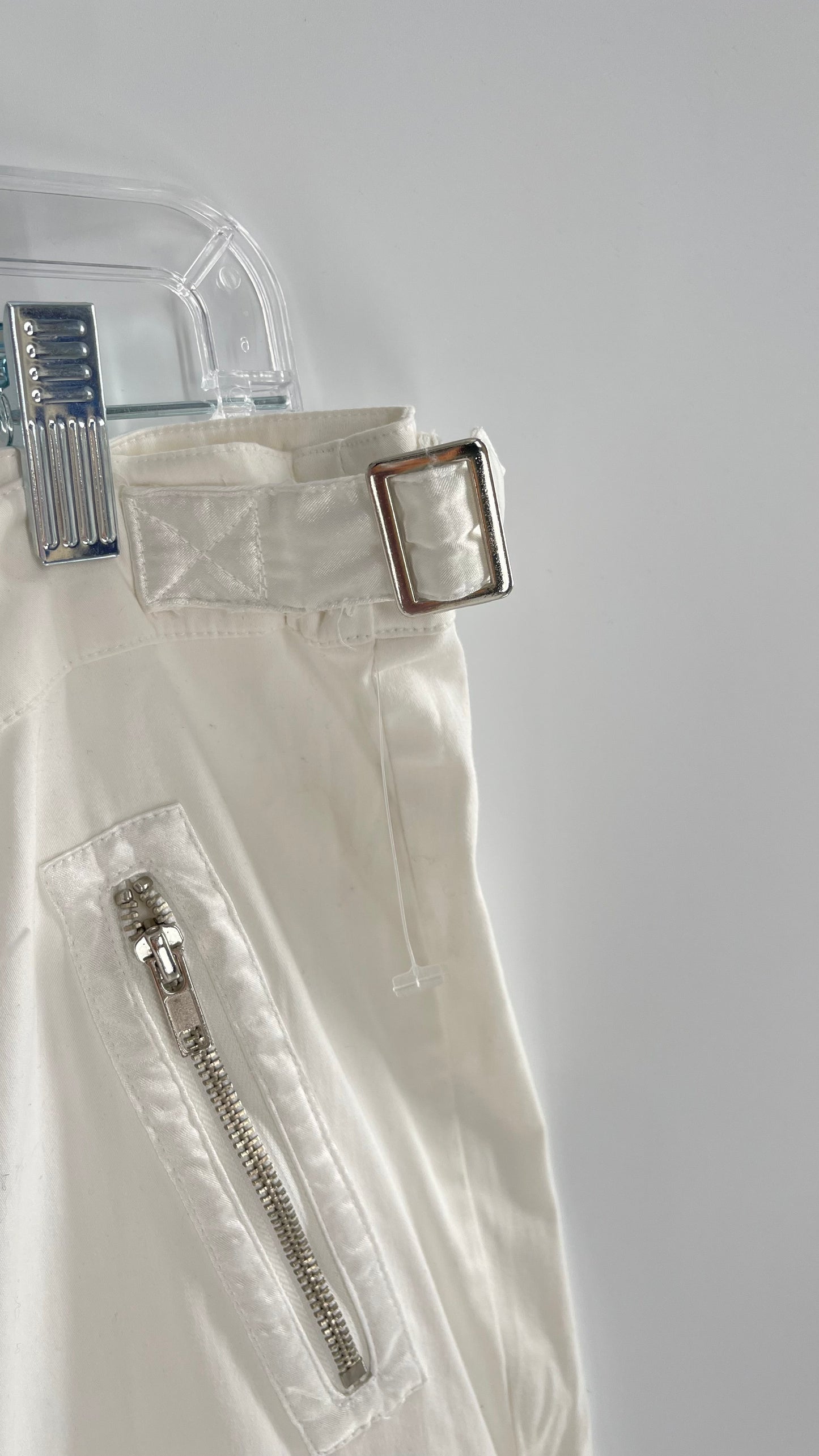 Vintage 1990s South Pole White Capri with Zippers, Silver Hardware, Satin Detailing and Patches (9)