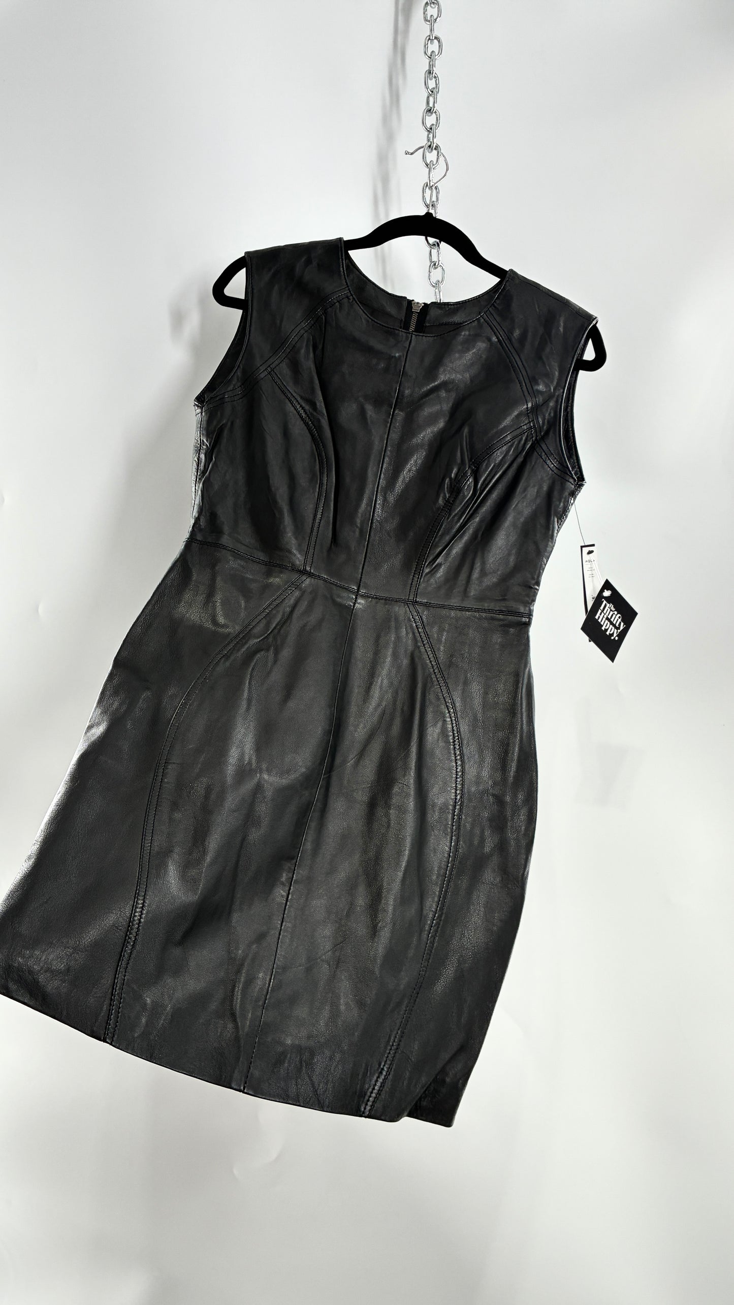 AQUA LUXE Black Leather Bodycon Paneled Dress with Tags Attached (Small)