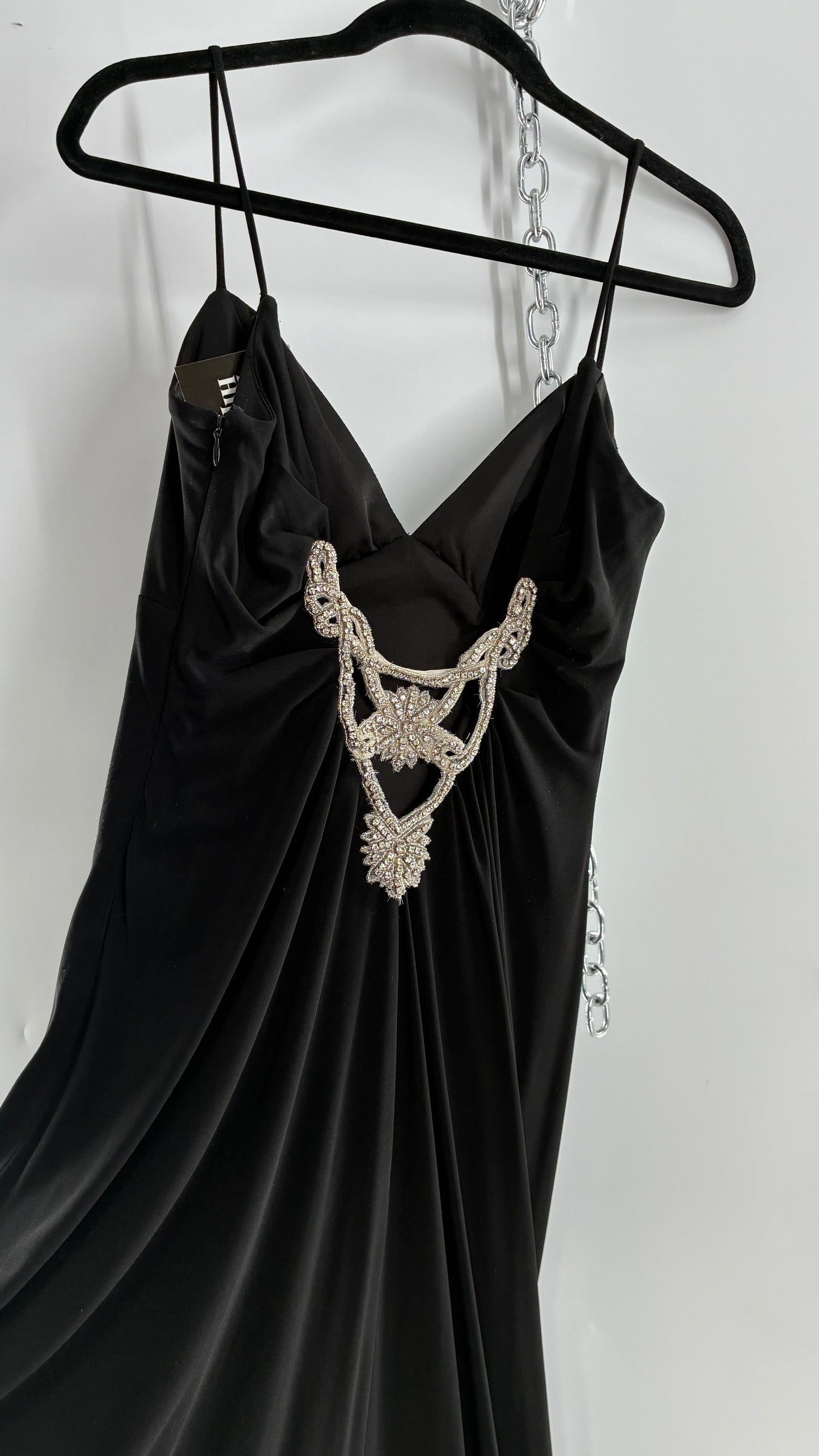 Vintage JS COLLECTION Black Full Length Gown with Jeweled Appliqué and Pleated Back (12)