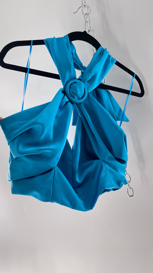 Do + Be Blue Halter Pleated Cropped Blouse with Adjustable Ring Detail (Large)