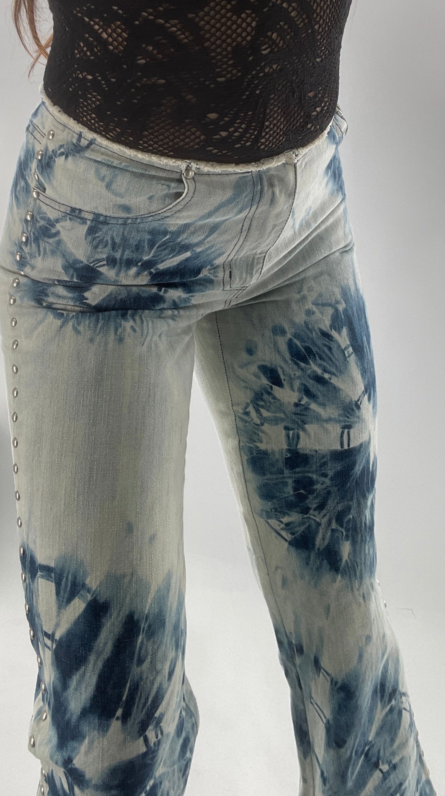 Vintage 1990s DKNY Light Bleached Jeans with Tie Dye Denim Pattern, Raw Edge Low Rise, and Studded Sides (5)