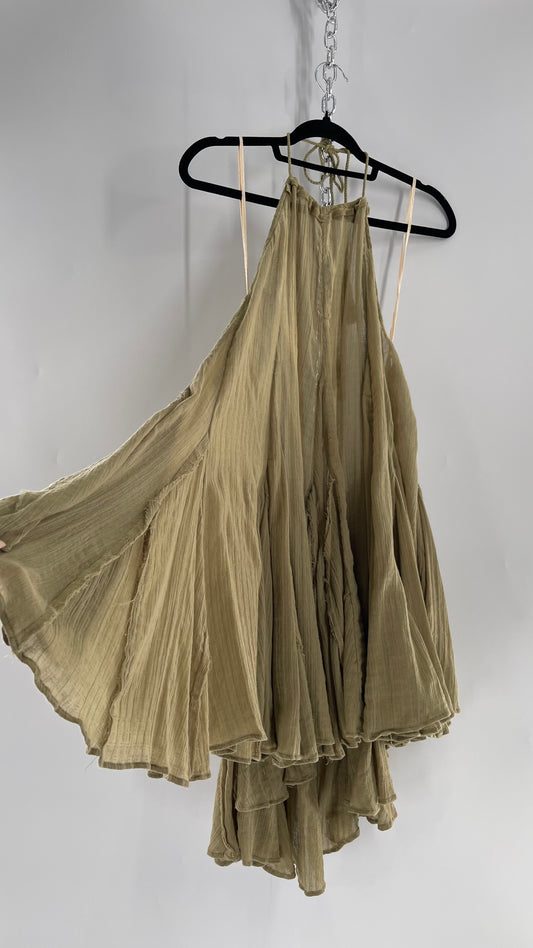 Free People Olive Sage Gauze/Cotton Halter Backless Dress (M)