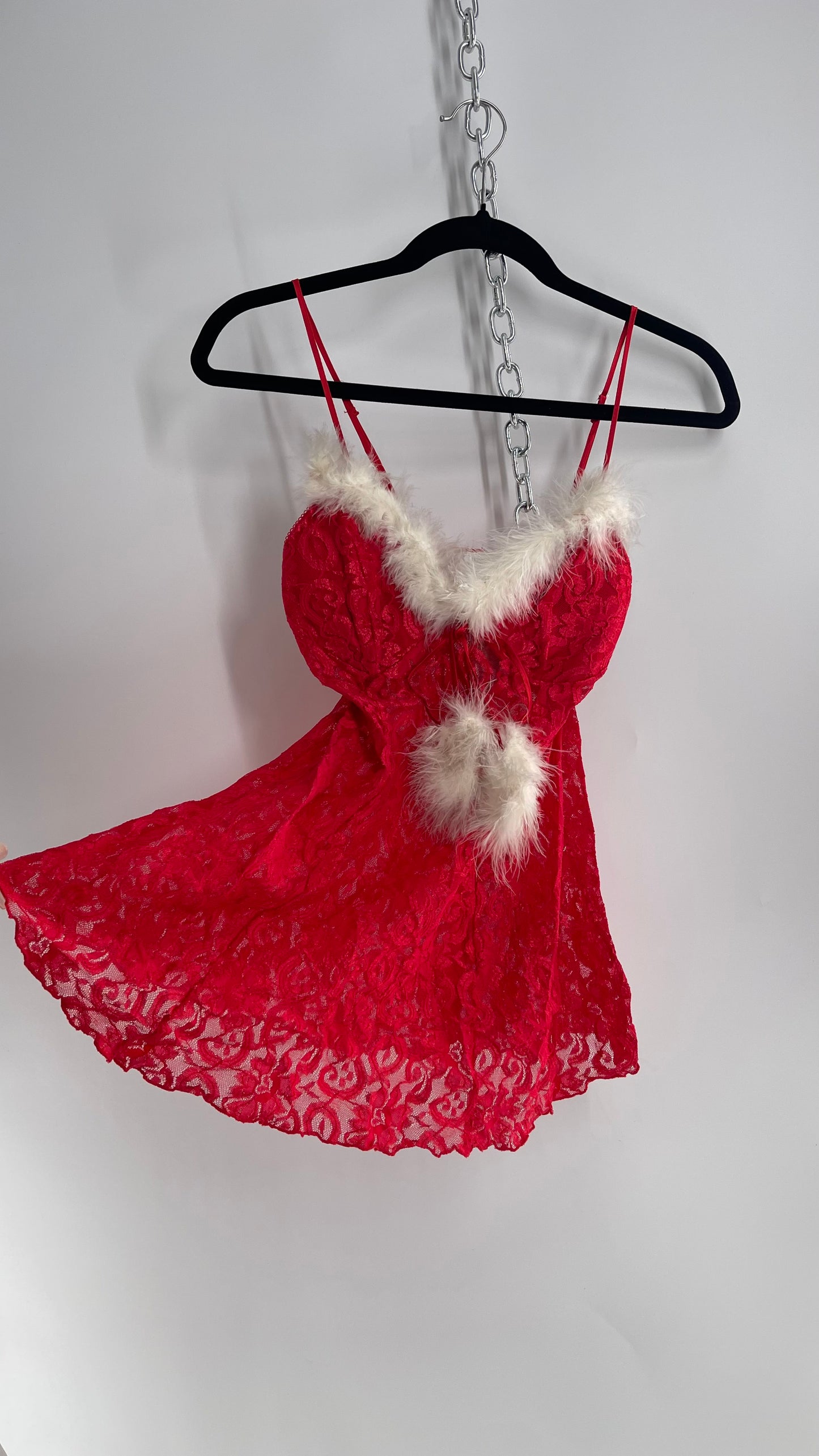 Vintage 1990s Cinema Etoile Red Lace Babydoll with White Feather Trim (Small)