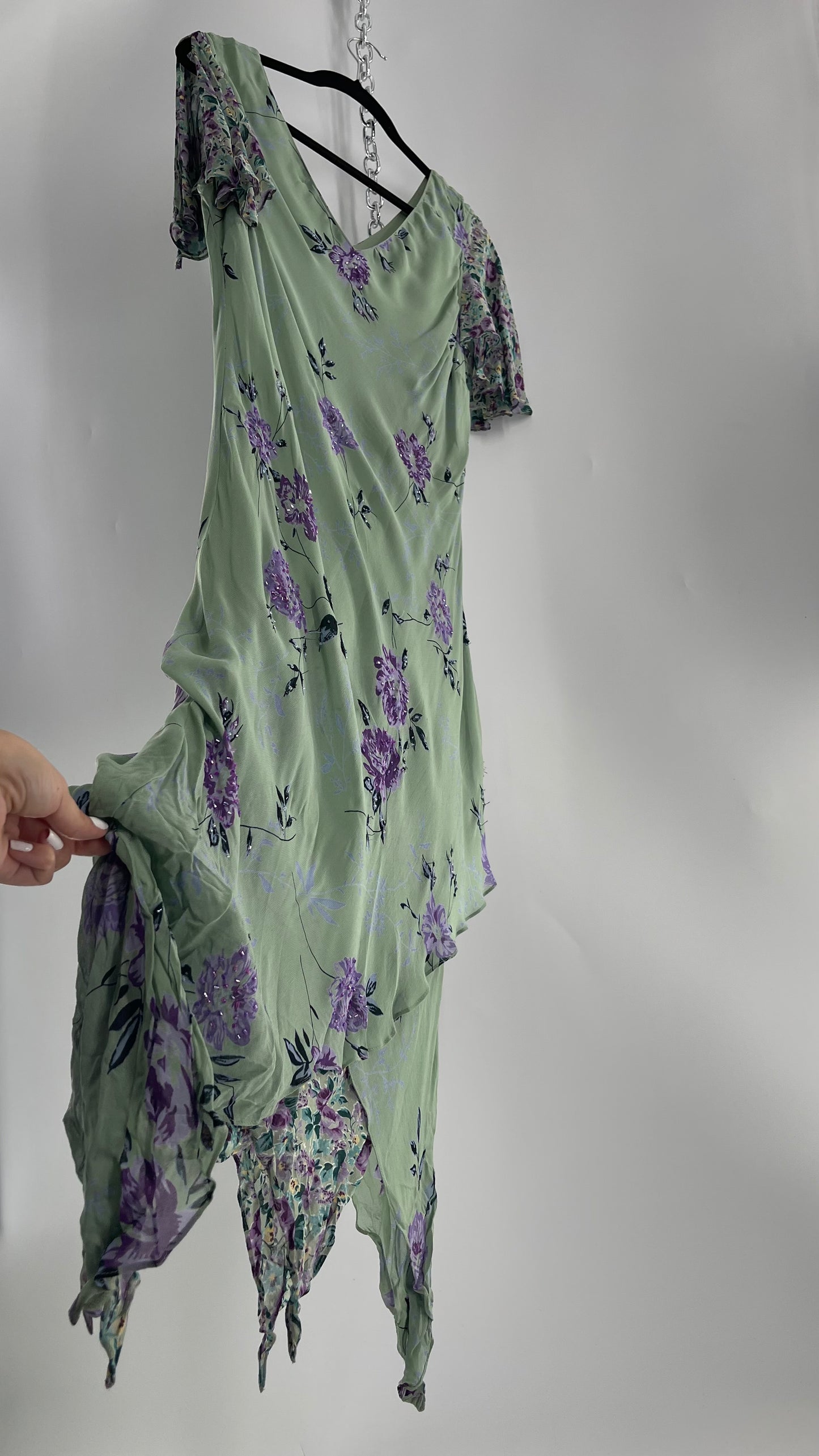 Vintage 1990s EVA BLUE Sage Green  Dress with Purple Beaded Florals and Handkerchief Hem(16)