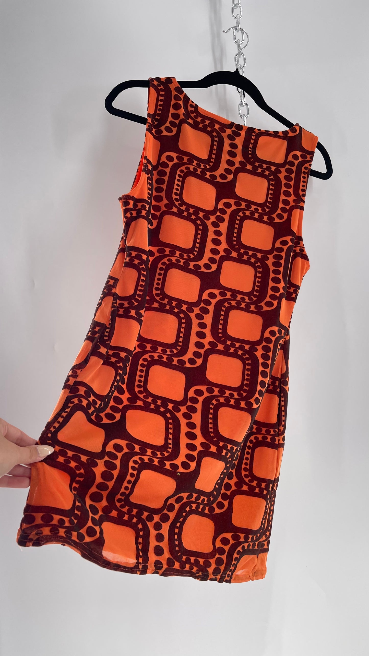 Urban Outfitters Orange Retro Patterned Tunic Dress with Brown Velvet 1970s Print  (Large)