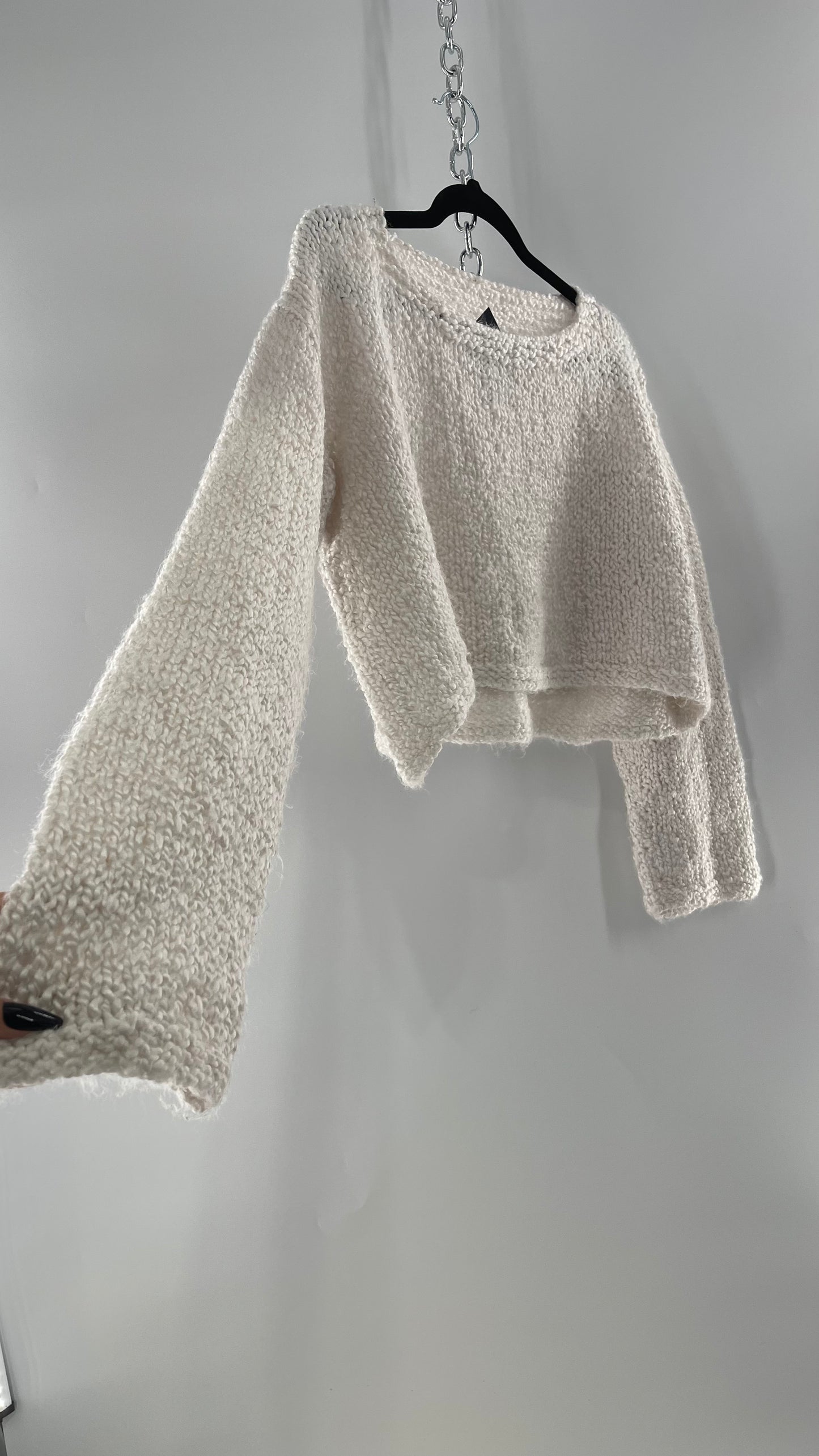 White Slouchy Comfy + Cozy Knit Cropped Sweater (M)