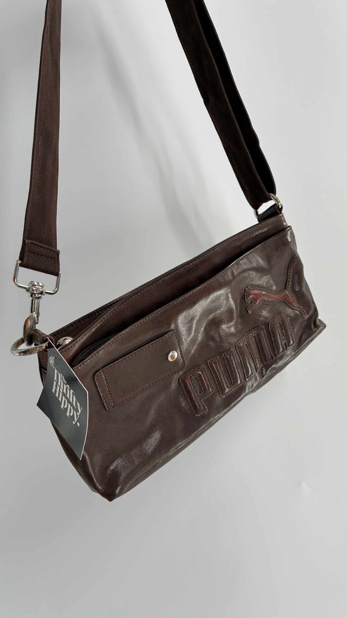 RARE Distressed Vintage PUMA Shoulder Purse, Brown W/ Iconic Logo