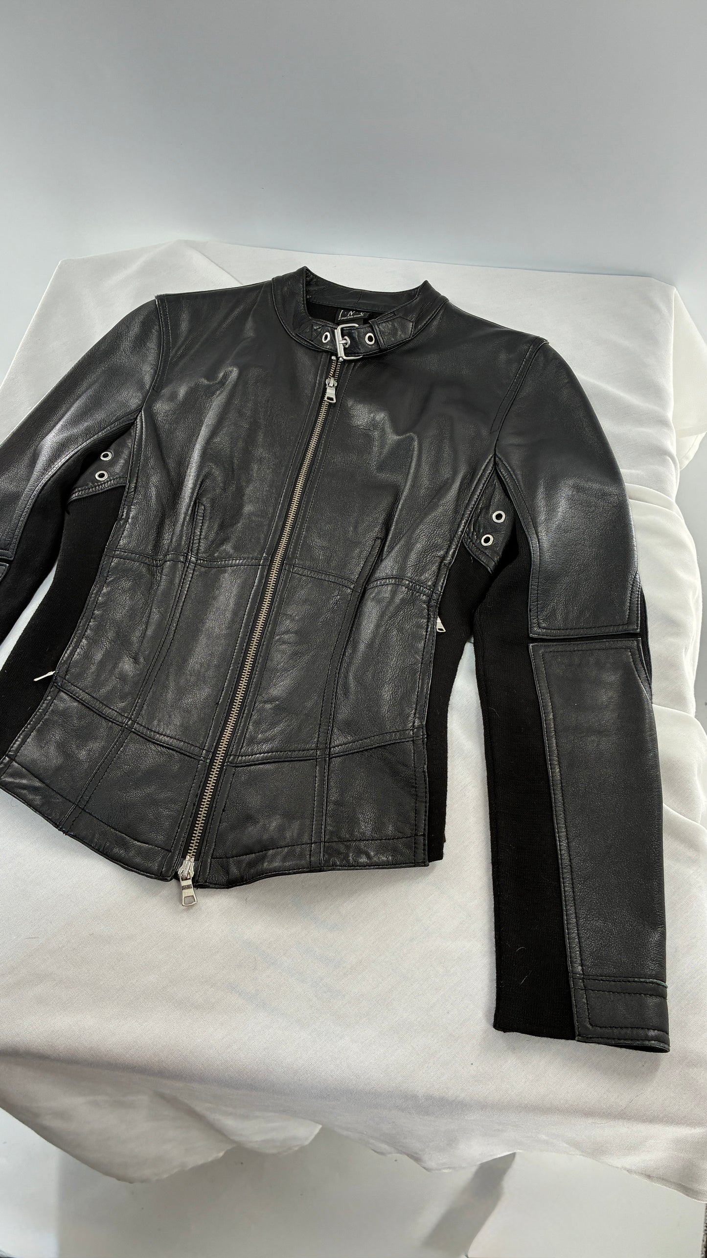 Vintage INC Black Genuine Leather and Wool Blend Paneled Patch Motorcycle Jacket (Medium)