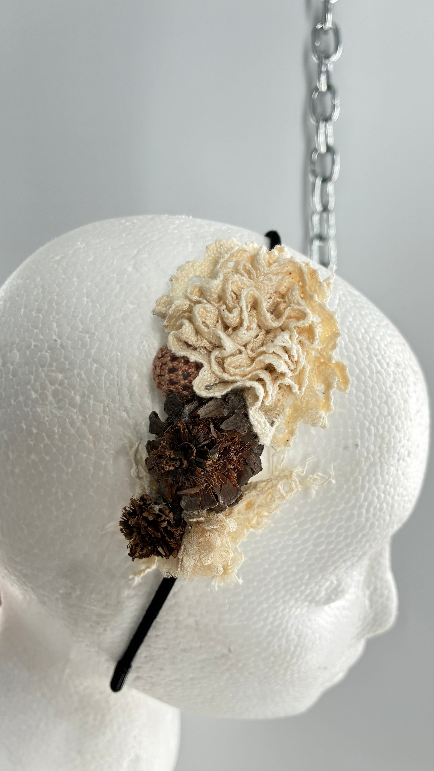 Vintage FARMER Handmade Discrete Headband with Crochet and Pine Appliqués