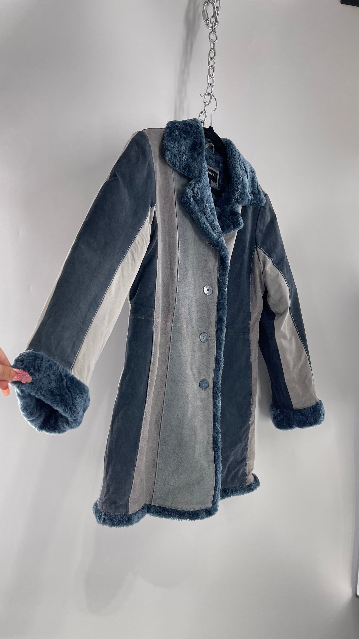 VINTAGE Colbrook Blue Denim Suede Leather Patchwork Coat with Fur Cuffs and Collar (Medium)