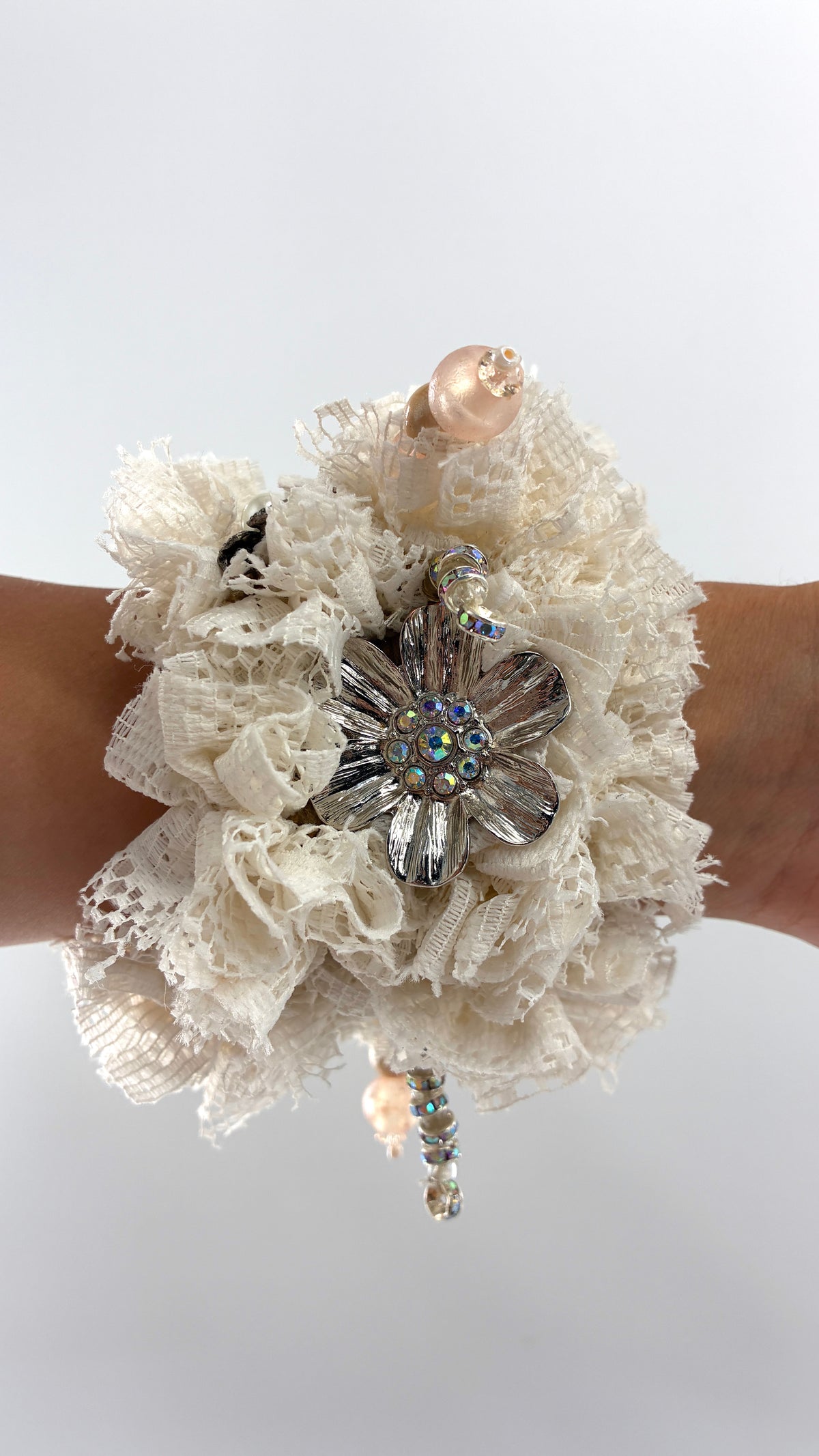 Handmade Oversized Ivory Lace Rosette & Jeweled Charm Statement Cuff
