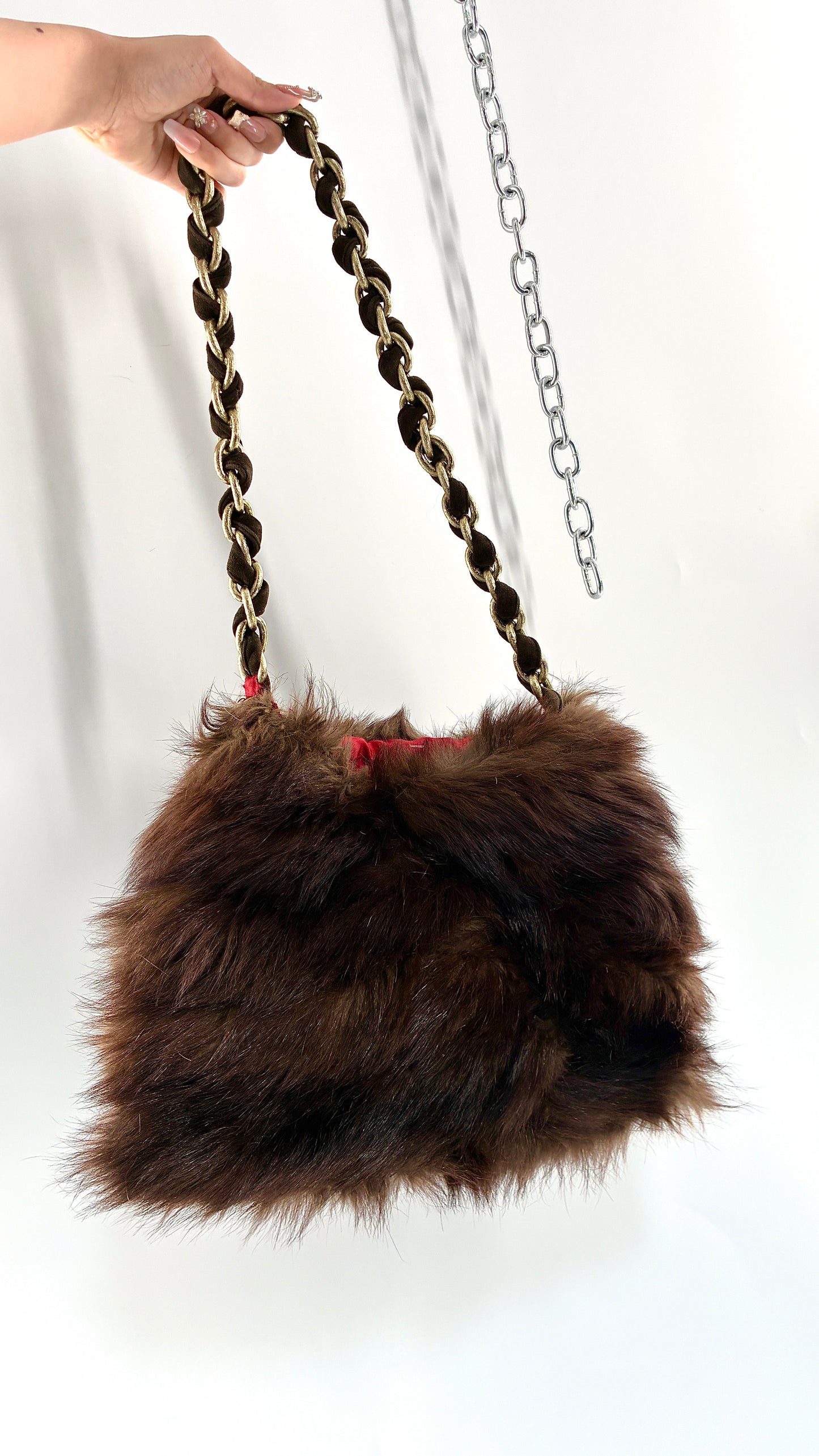 Vintage Handmade Genuine Fur Bag with Heavy Interlaced Gold Chain Strap