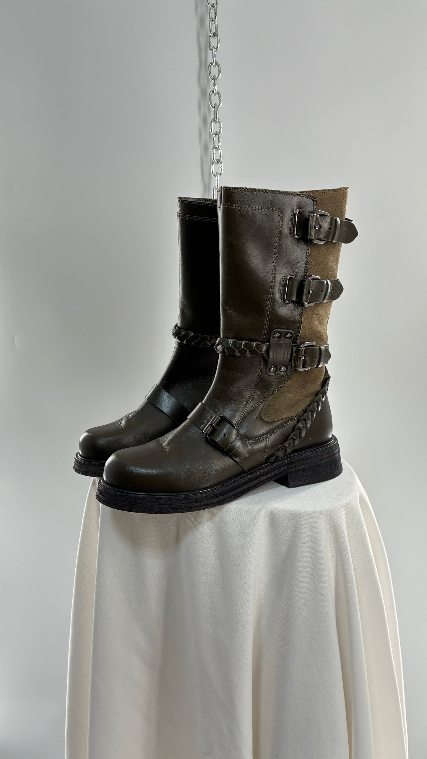 Free People Billie Olive Green Moto Boots with Buckle Closure (7)