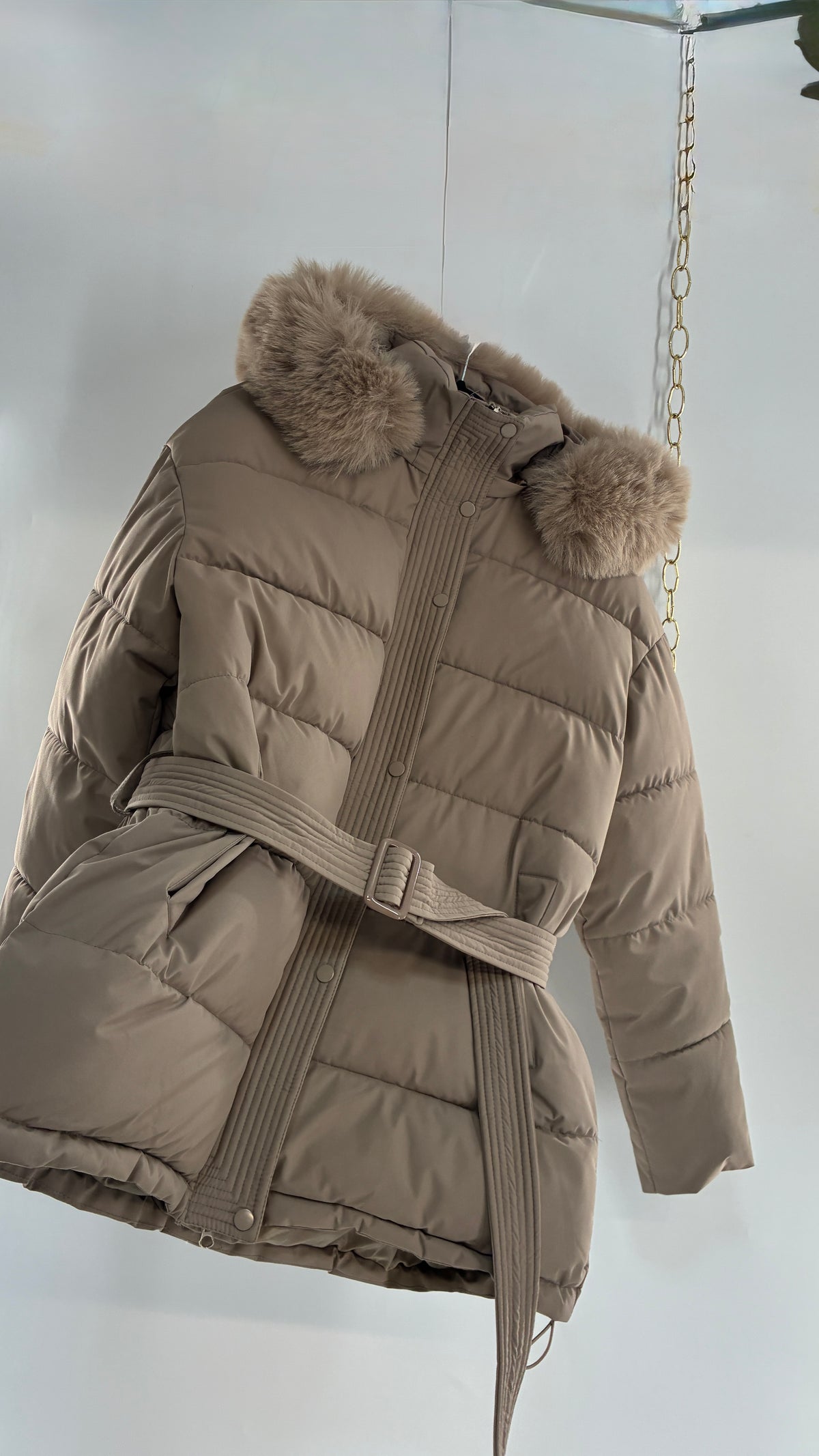 KATCH ME Taupe NWOT Bubble Coat with Exaggerated Vegan Fur Lined Hood NWOT (XL)