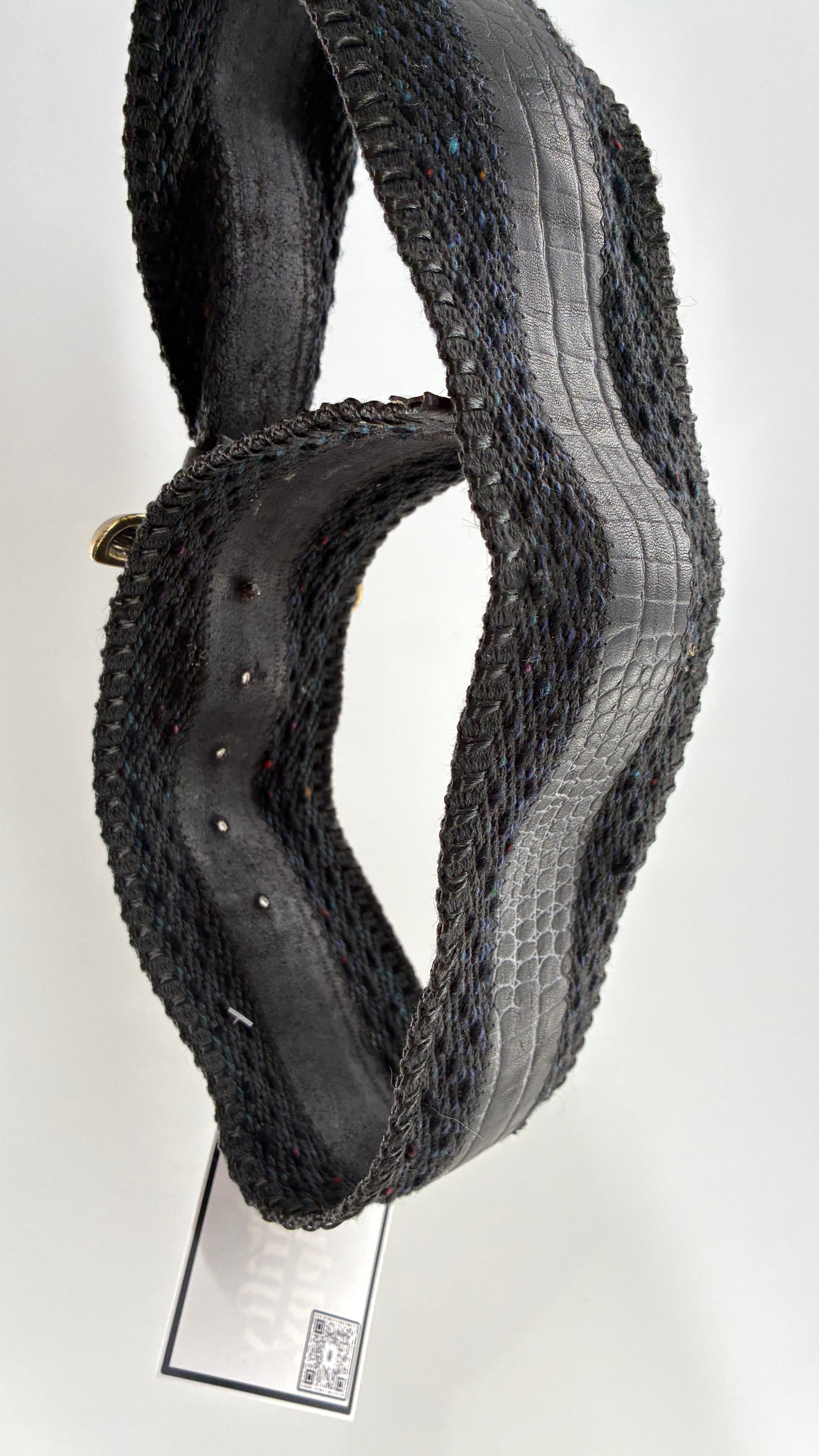 Vintage Leather Shop Belt with Bronze Buckle and Knit Details (Small)