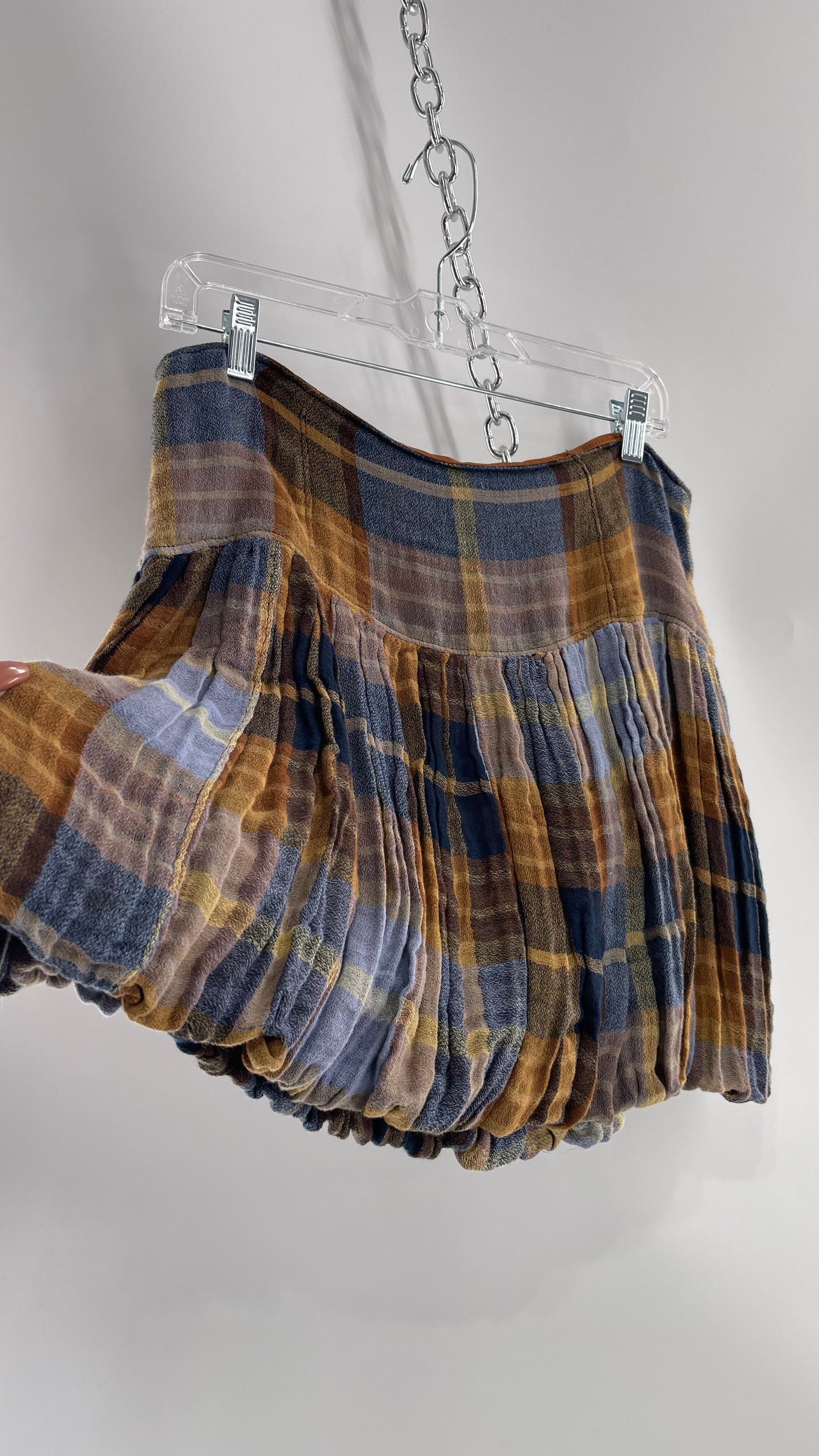 Free People Plaid Blue Brown Mini Skirt with Balloon Hem with Tags Attached (12)