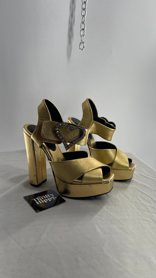 Jeffrey Campbell Metallic Gold Chunky Gold Platform Heel with Rhinestone Heart Buckles (6.5)
