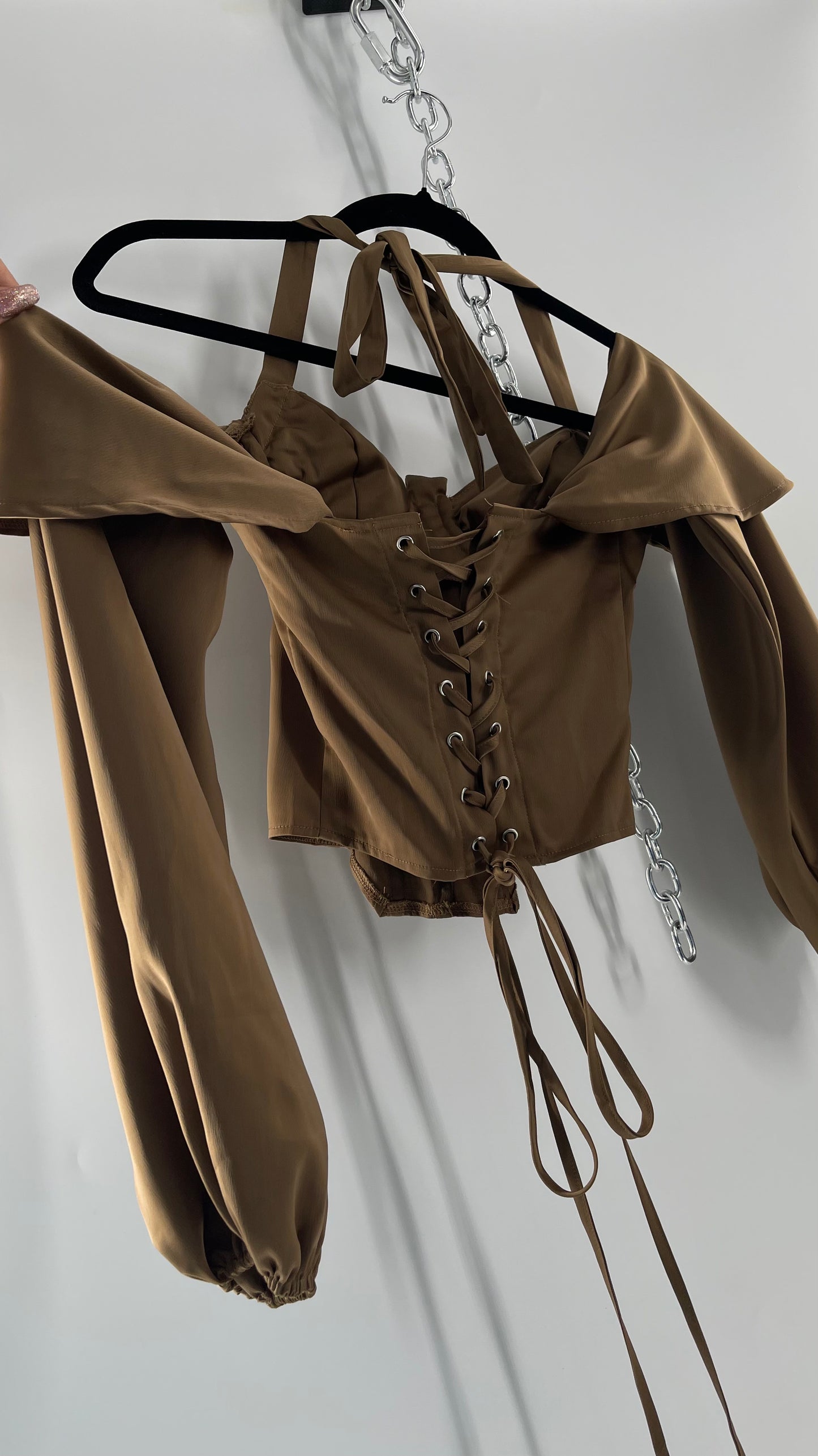 Pretty Little Thing Tan/Gold Corset Blouse with Draped Shoulders, Balloon Sleeves, Halter Strap and Lace Up Back (4)