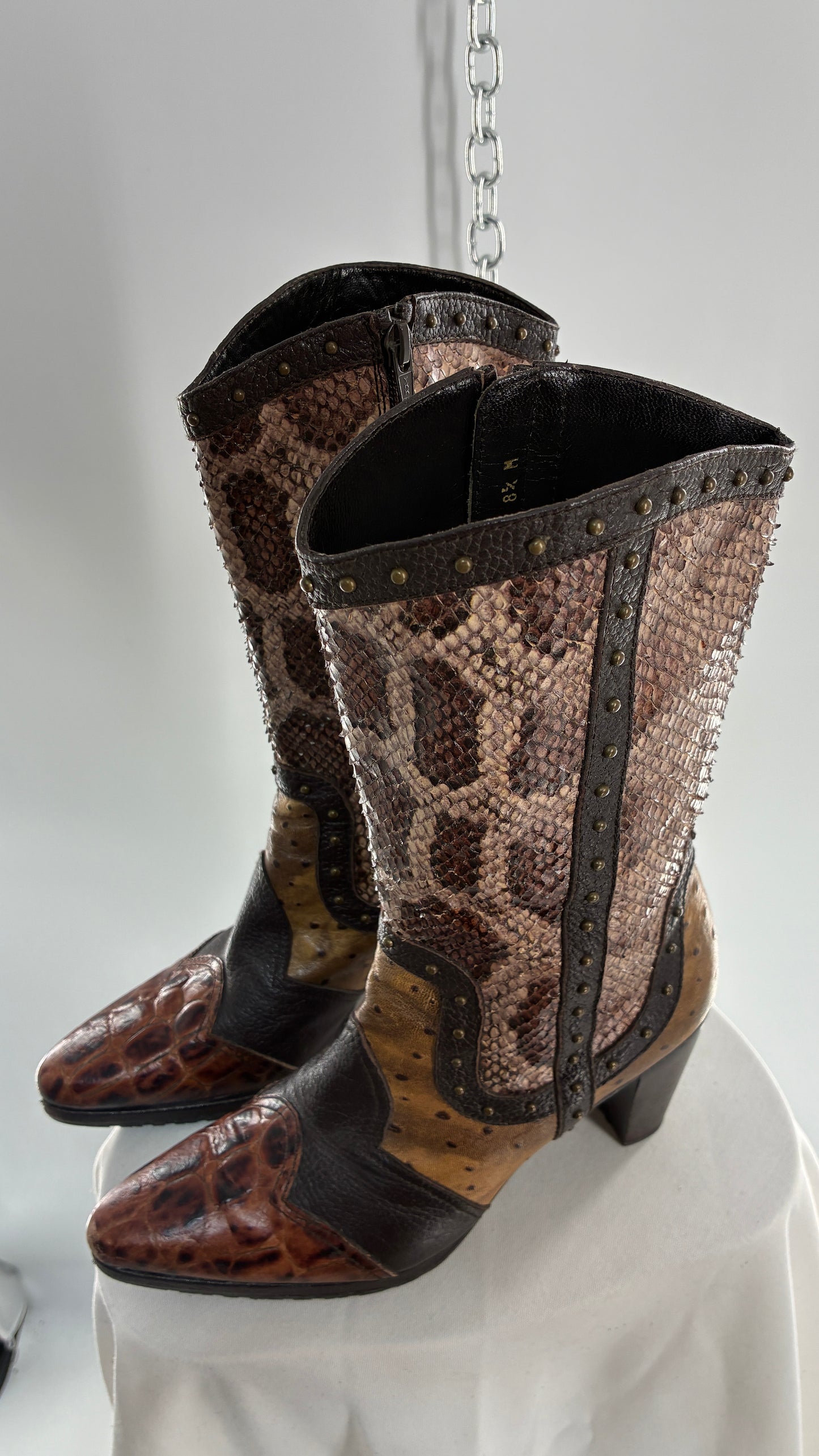 Vintage STUART WEITZMAN Stampede Boots Ft Snake, Crocodile and Ostrich Embossed Leather (8.5)