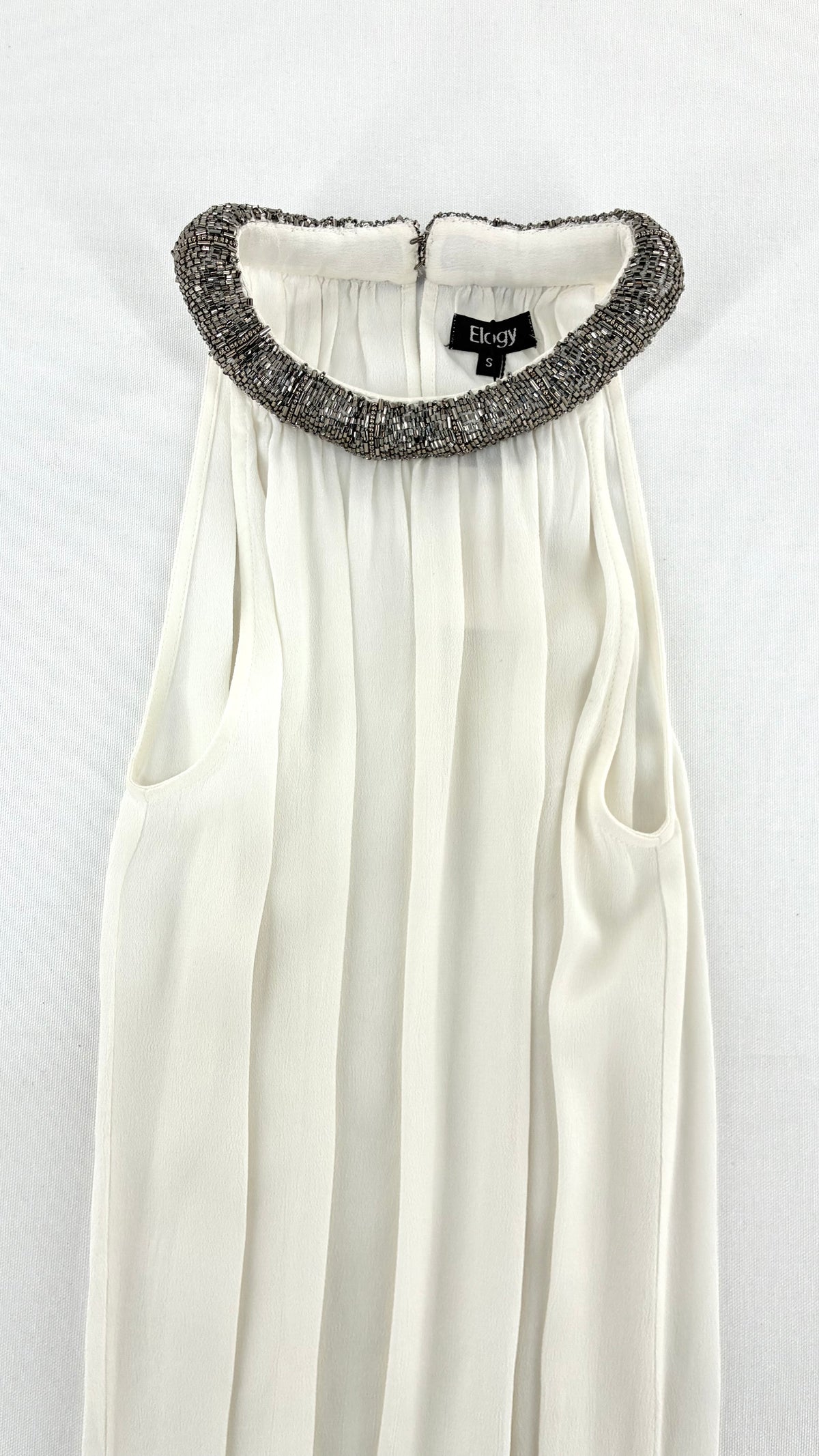 Deadstock Vintage ELOGY High Neck Draping White Top with Gunmetal Beaded Choker Neckline and Tags (Small)
