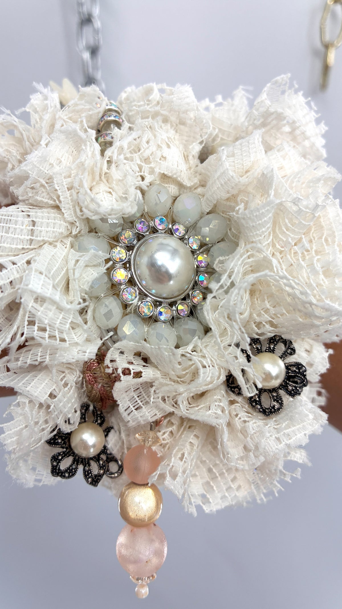Handmade Oversized Ivory Lace Rosette & Jeweled Charm Statement Cuff