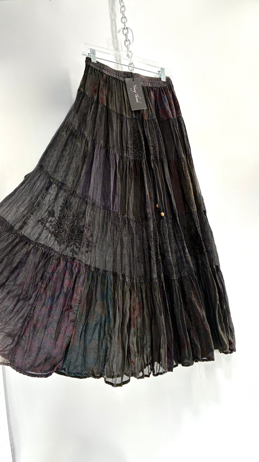 Deadstock Vintage Young Threads Charcoal Patchwork Maxi Skirt with Embroidered Details (Small)