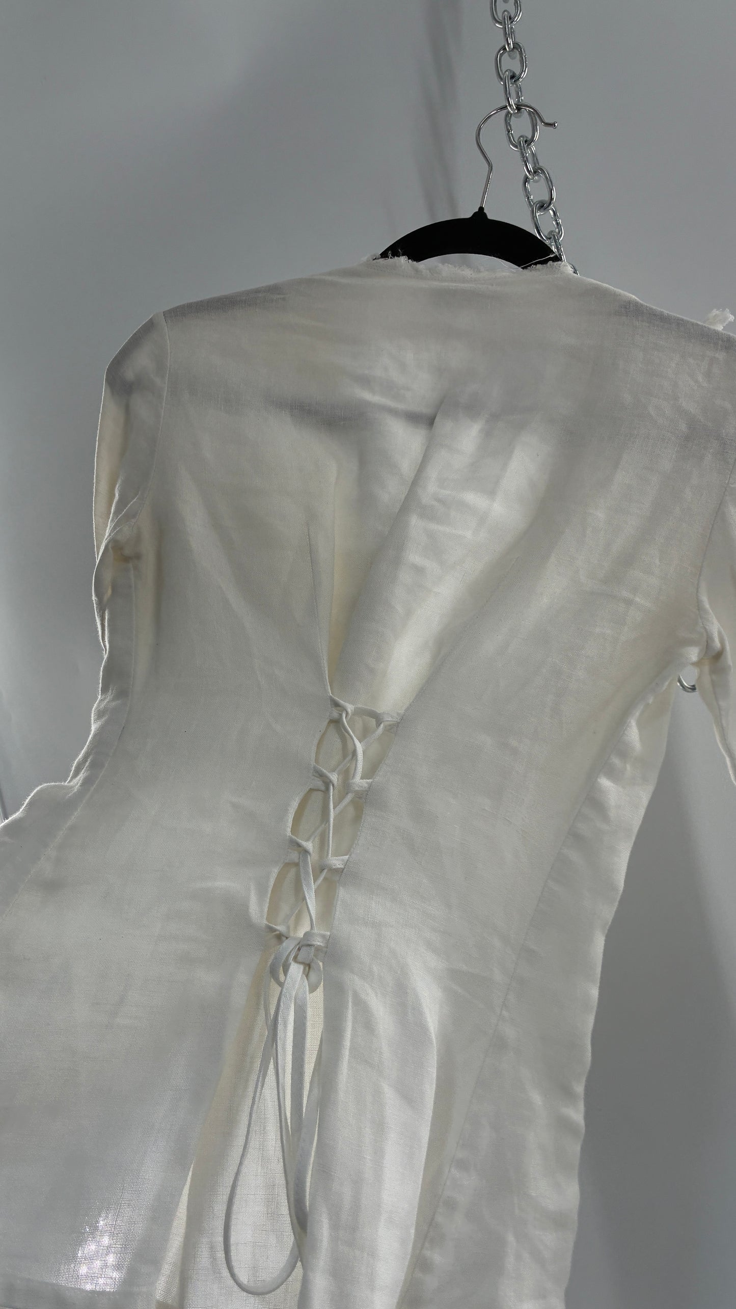 Vintage ANNE FONTAINE Off White Linen Woven Button Up Blouse with Back Corseting, Pearlescent Shell Buttons, and Rosette Details (36)