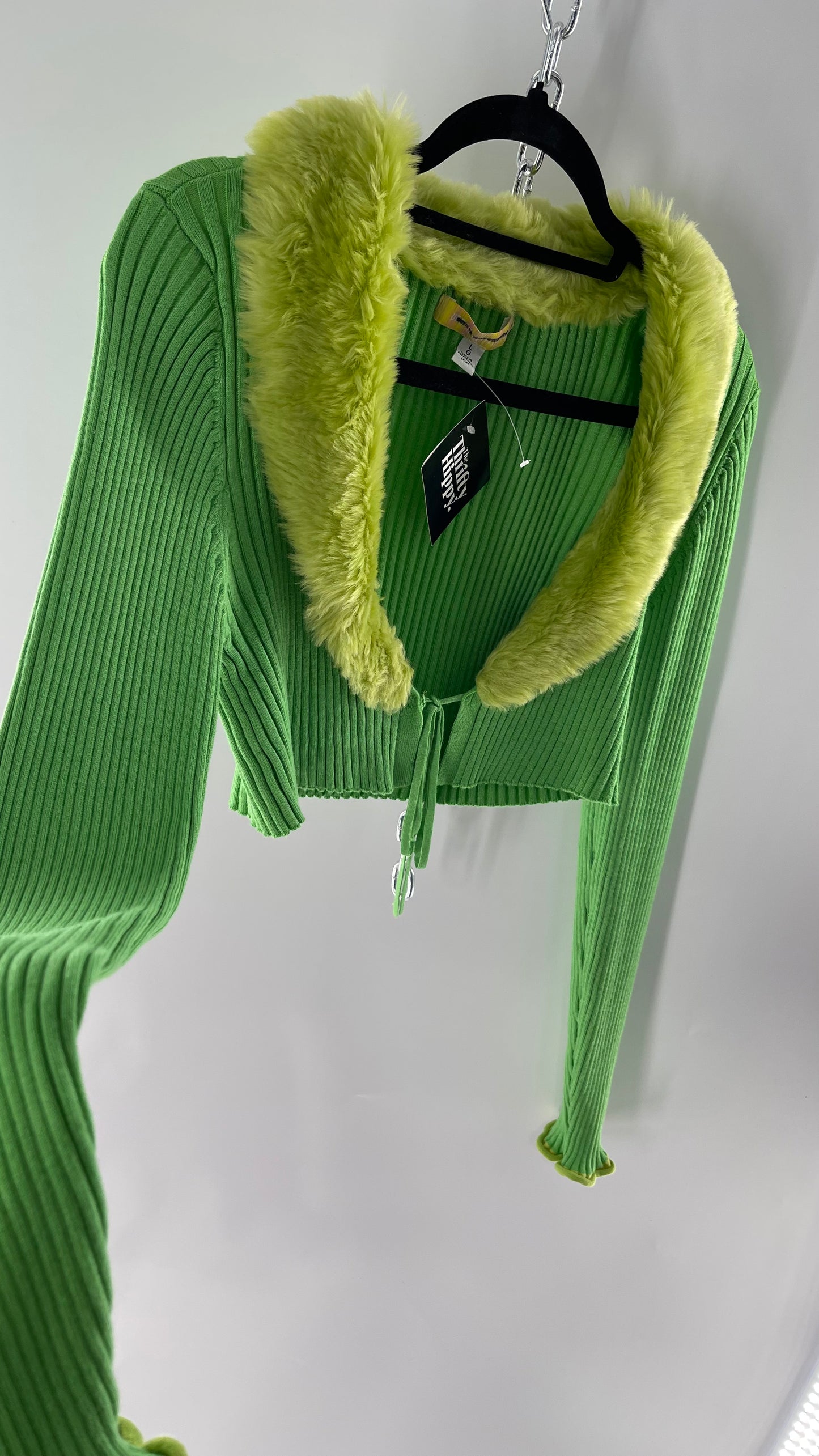 Urban Outfitters Lime Green Ribbed Ribbed Faux Fur Collar Shrug  (Large)