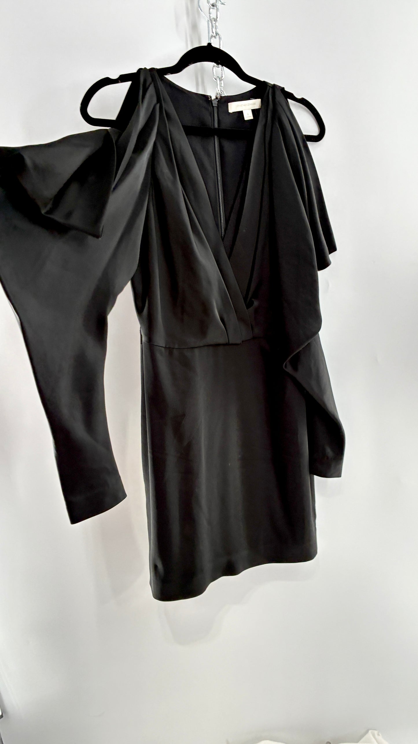 JONATHAN SIMKHAI Black Silky Mini Dress with Exaggerated, Draped Cold Shoulders (8)