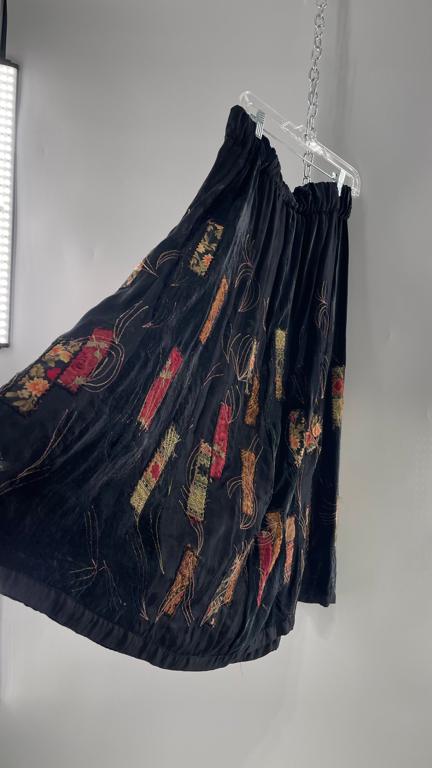 Vintage Black Velvet and Embossed Florals Patchwork Skirt with Metallic Stitch Detailing with Lining and Thick Waistline (M)