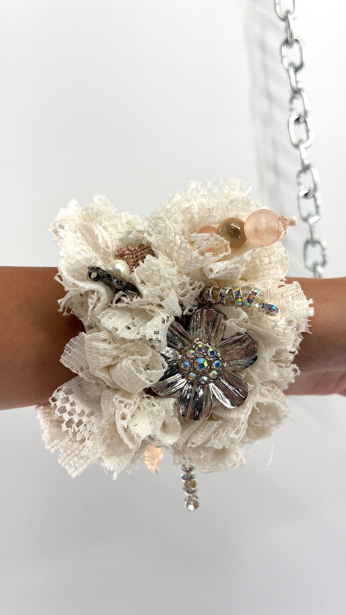 Handmade Oversized Ivory Lace Rosette & Jeweled Charm Statement Cuff