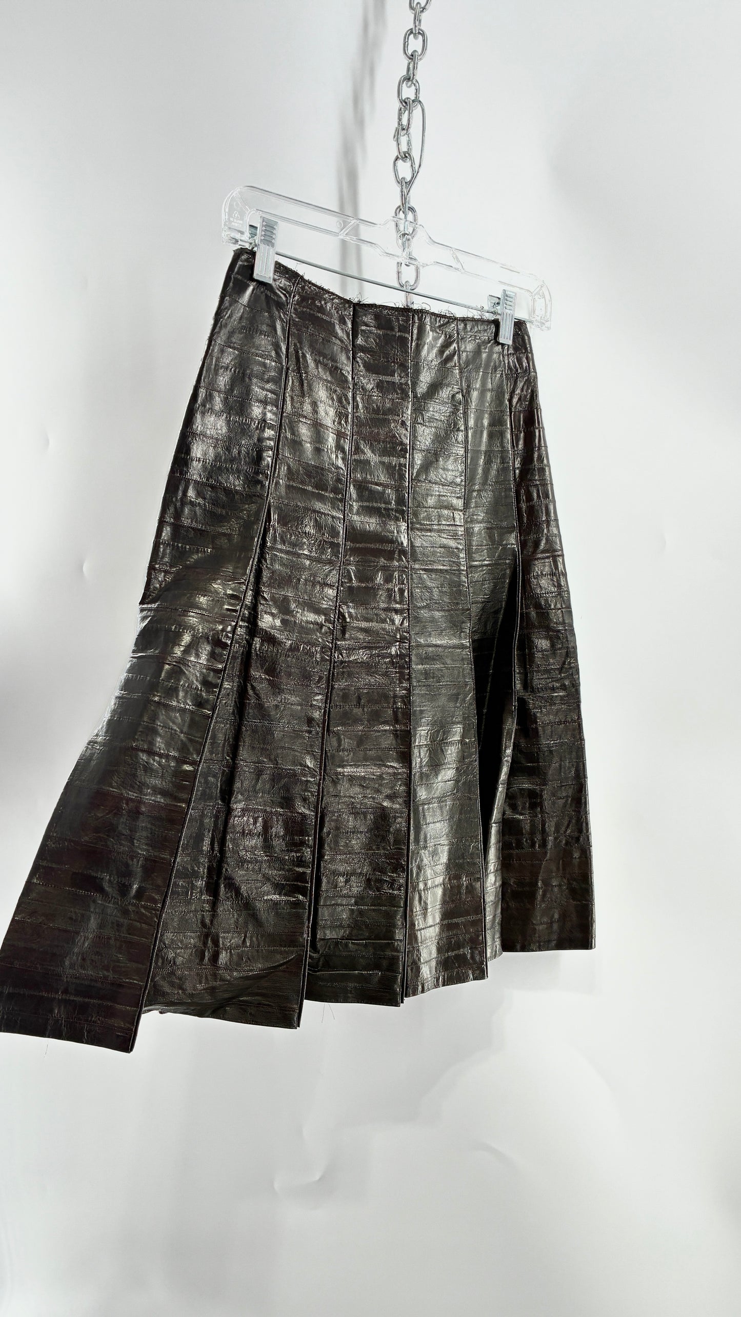 Vintage Handmade Pleated Dark Brown Genuine Leather Patchwork Skirt (XS)