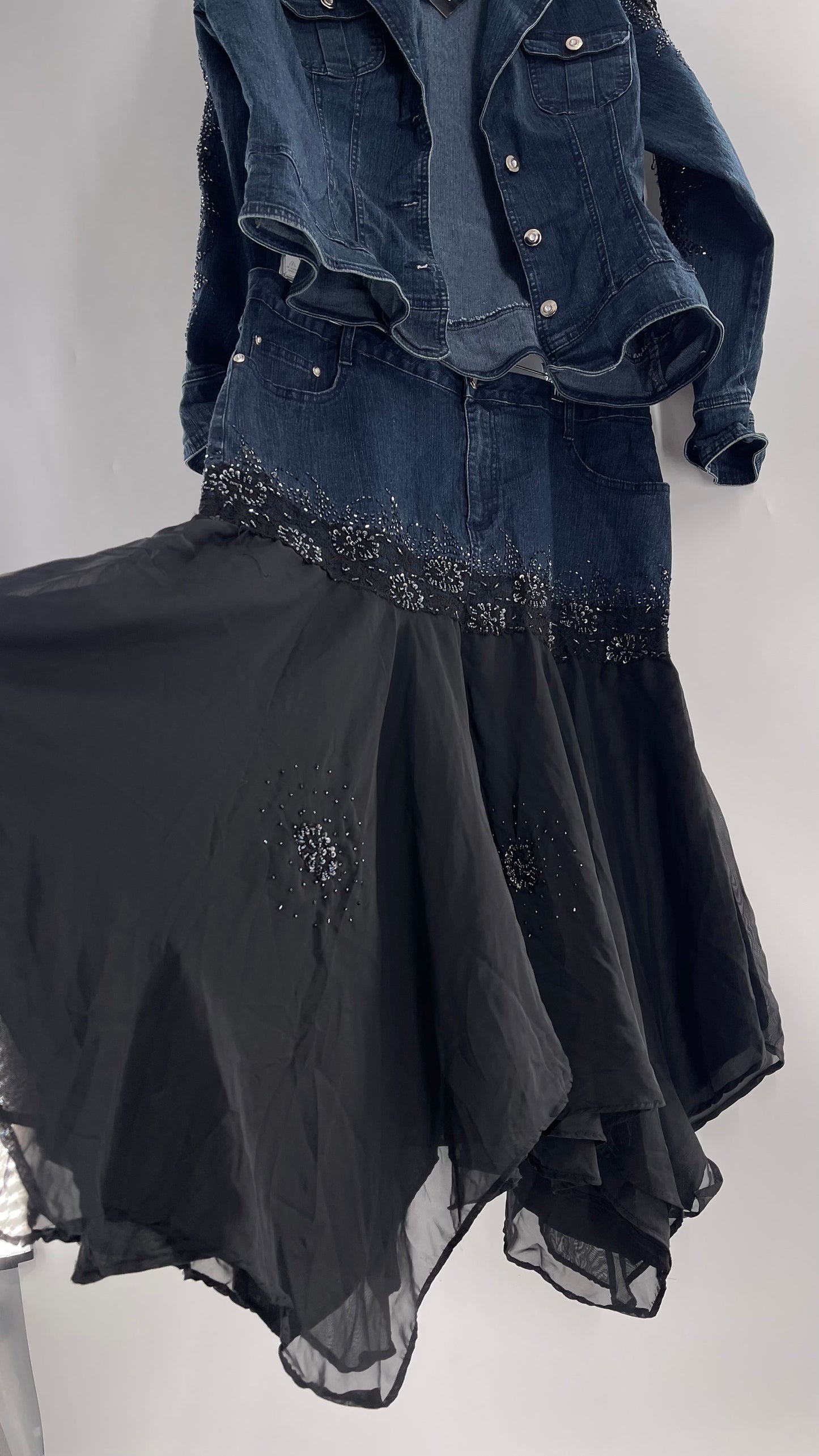 Vintage Ashley Stewart Denim Skirt and Button Up Set with Black Embroidered and Beaded Lace Details + Handkerchief Skirt (16W)